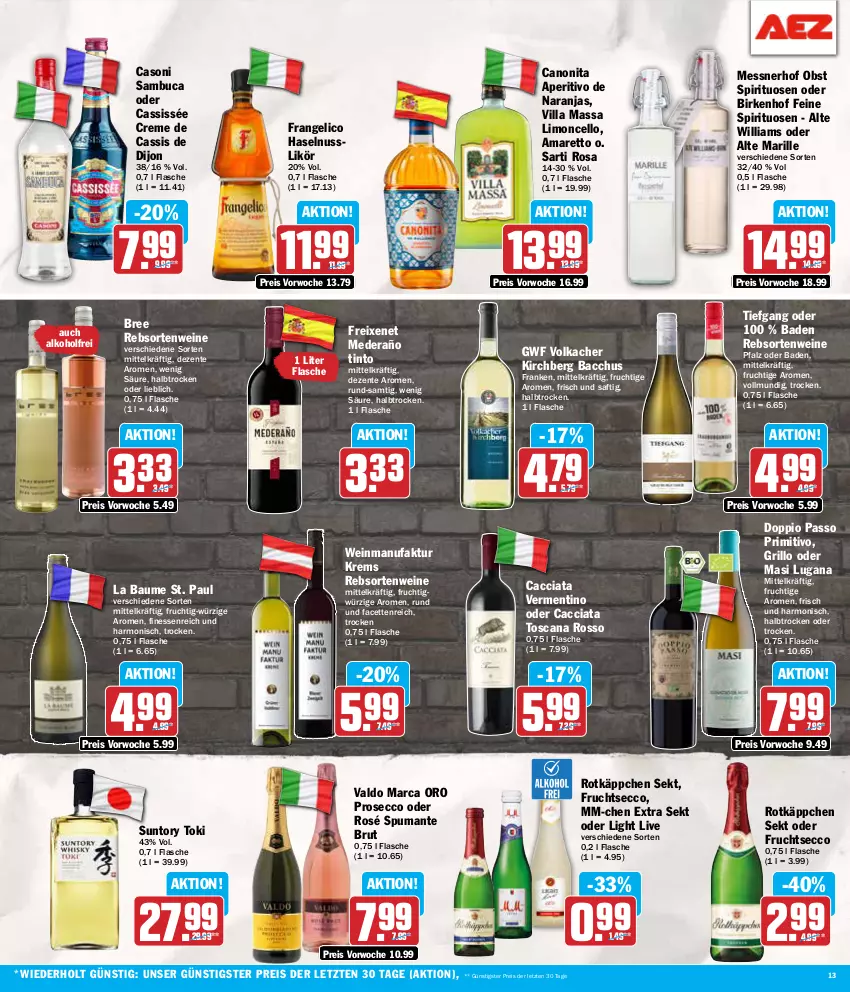 Aktueller Prospekt Aez - Prospekte - von 08.07 bis 13.07.2024 - strona 13 - produkty: ACC, alkohol, Amaretto, Bad, Bau, bree, brut, canon, cassis, creme, doppio passo, ecco, eis, ente, Faktu, finesse, flasche, frangelico, freixenet, frucht, fruchtsecco, grill, grillo, haselnuss, likör, limo, nuss, obst, passo, primitivo, prosecco, puma, rebsortenweine, reis, rotkäppchen, saft, sambuca, sekt, spirituosen, spumante, Ti, valdo, wein, weine, ZTE