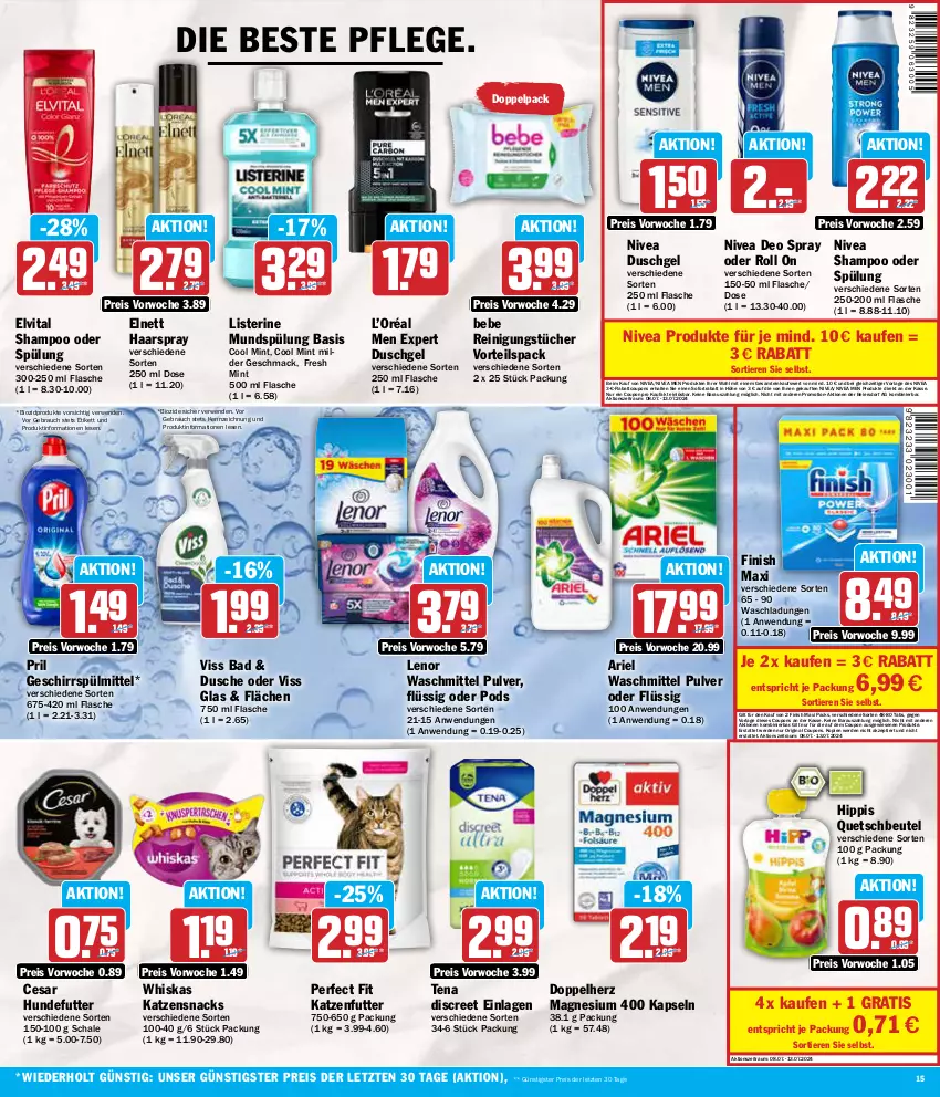 Aktueller Prospekt Aez - Prospekte - von 08.07 bis 13.07.2024 - strona 15 - produkty: ariel, ariel waschmittel, Bad, Bebe, beutel, bio, biozidprodukte, coupon, coupons, deo, deo spray, Discreet, doppelherz, dusche, duschgel, eier, eis, elnett, elvital, erde, Finish, flasche, geschirr, geschirrspülmittel, gin, haarspray, hipp, katzenfutter, katzensnack, katzensnacks, lenor, lenor waschmittel, listerine, mac, magnesium, magnesium 400, mint, mundspülung, nivea, Nivea Men, Perfect Fit, Pods, pril, quetschbeutel, Rauch, Reinigung, reinigungstücher, reis, rwe, Schal, Schale, shampoo, shampoo oder spülung, snack, snacks, sofortrabatt, spülmittel, spülung, Ti, Tiere, tücher, vita, waschmittel, whiskas, ZTE