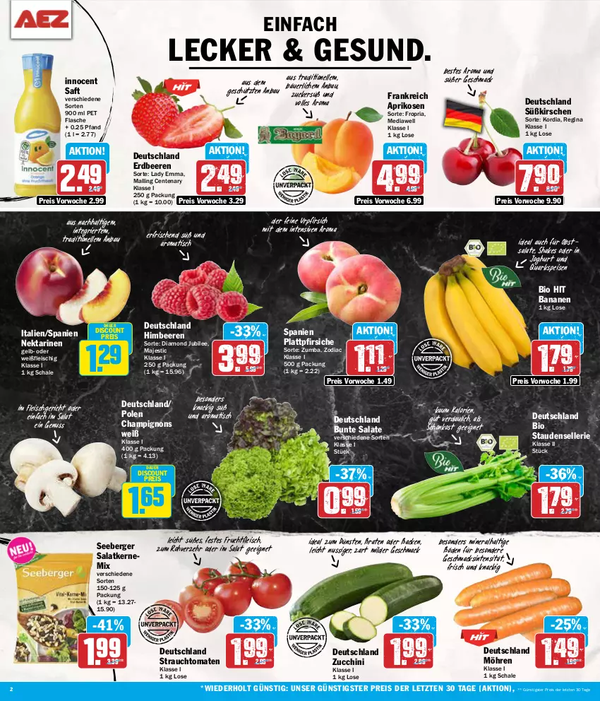 Aktueller Prospekt Aez - Prospekte - von 08.07 bis 13.07.2024 - strona 2 - produkty: aprikose, aprikosen, auer, banane, bananen, Bau, beere, beeren, Berger, bio, bio hit, braten, bunte salate, champignon, champignons, discount, eis, elle, ente, erdbeere, erdbeeren, flasche, fleisch, frucht, fruchtfleisch, gin, himbeer, himbeere, himbeeren, Innocent, joghur, joghurt, kirsch, kirsche, kirschen, mac, möhren, Nektar, nektarinen, nuss, obst, pfirsich, pfirsiche, plattpfirsiche, quark, Rauch, reis, Ria, saft, salat, salate, Schal, Schale, seeberger, shake, stauden, strauchtomaten, Ti, tisch, tomate, tomaten, ZTE, zucchini, zucker