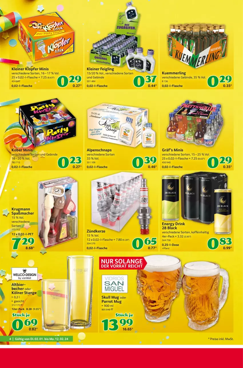 Aktueller Prospekt Selgros - von 02.01 bis 12.02.2024 - strona 4 - produkty: Becher, bier, drink, eis, energy drink, flasche, kerze, kleiner feigling, kleiner klopfer, kuemmerling, lack, leine, mac, merl, ndk, reis, Ti