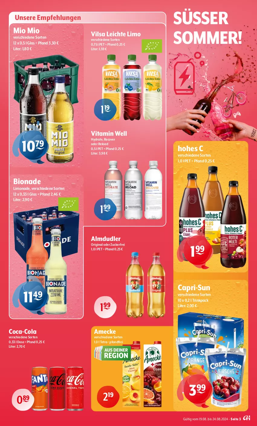 Aktueller Prospekt Getraenke Hoffmann - Prospekte - von 19.08 bis 24.08.2024 - strona 3 - produkty: almdudler, amecke, bio, bionade, Cap, capri-sun, coca-cola, cola, gin, Hohes C, limo, limonade, Mio Mio, rel, Ti, vilsa, vita, zucker