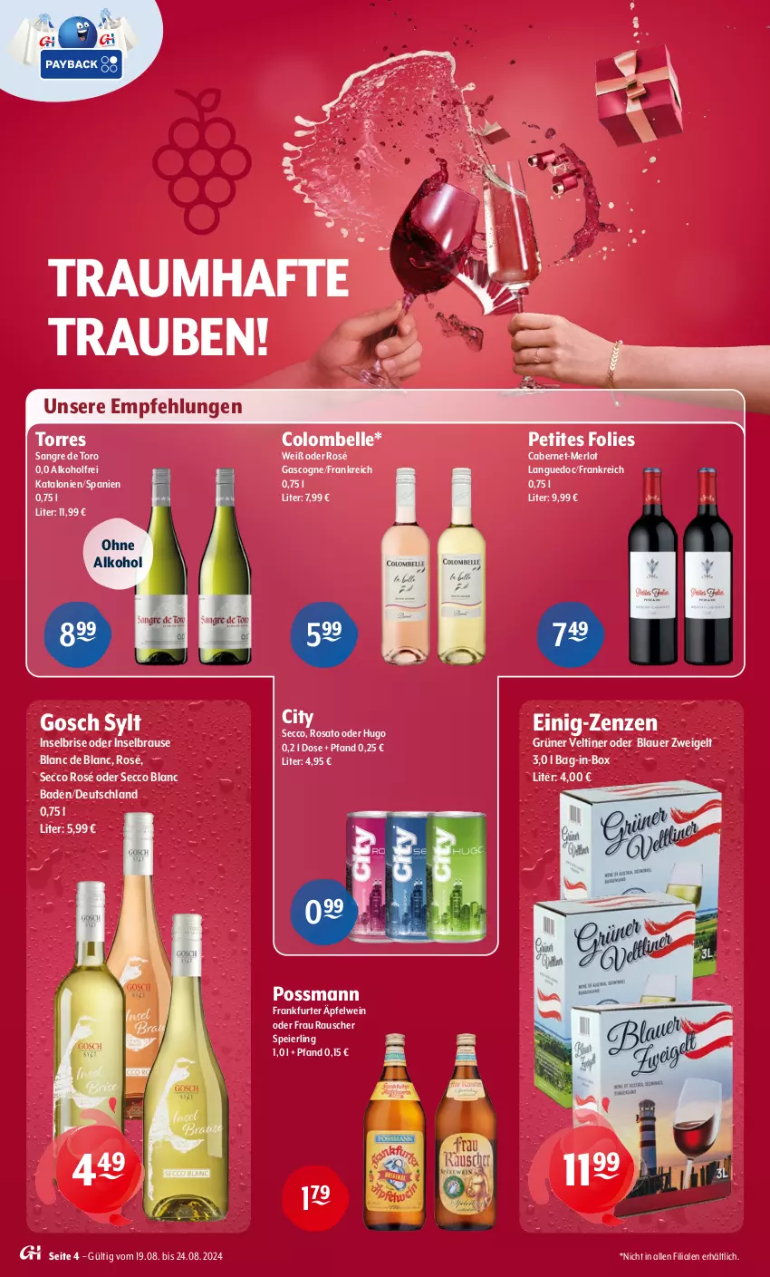 Aktueller Prospekt Getraenke Hoffmann - Prospekte - von 19.08 bis 24.08.2024 - strona 4 - produkty: alkohol, auer, Bad, bag-in-box, blauer zweigelt, brause, cabernet, ecco, eier, elle, frankfurter, hugo, merl, merlot, ohne alkohol, rosato, Ti, trauben, wein, Zweigelt