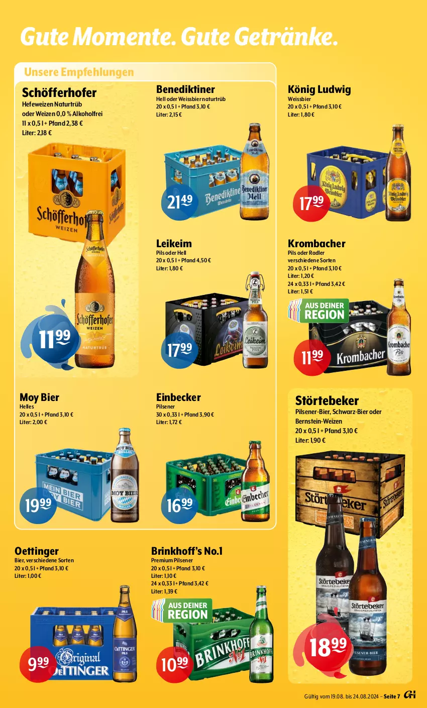 Aktueller Prospekt Getraenke Hoffmann - Prospekte - von 19.08 bis 24.08.2024 - strona 7 - produkty: alkohol, Benediktiner, bier, eis, elle, ente, getränk, getränke, Hefe, hefeweizen, krombache, krombacher, krombacher pils, Moy Bier, natur, oder radler, oettinger, pils, pilsener, premium pils, radler, schöfferhofer, störtebeker, Ti, weissbier