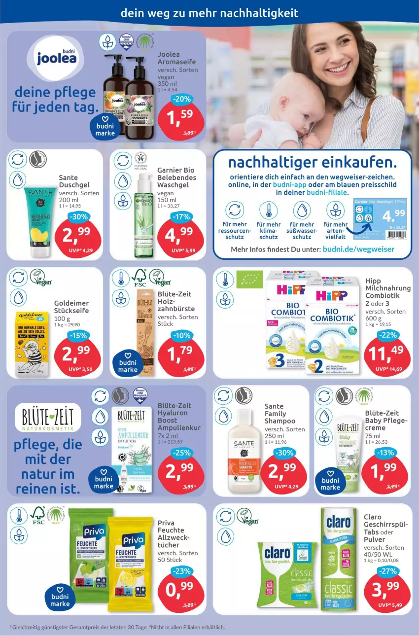 Aktueller Prospekt Budni - Prospekte - von 19.12 bis 24.12.2022 - strona 11 - produkty: bio, Blüte, creme, duschgel, eimer, eis, feuchte tücher, folgemilch, garnier, geschirr, Holz, hyaluron, Kinder, kosmetik, LG, milch, natur, natura, naturkosmetik, reis, reiss, SANTE, Seife, Ti, Tiere, tücher, waschgel, wasser, weck, ZTE