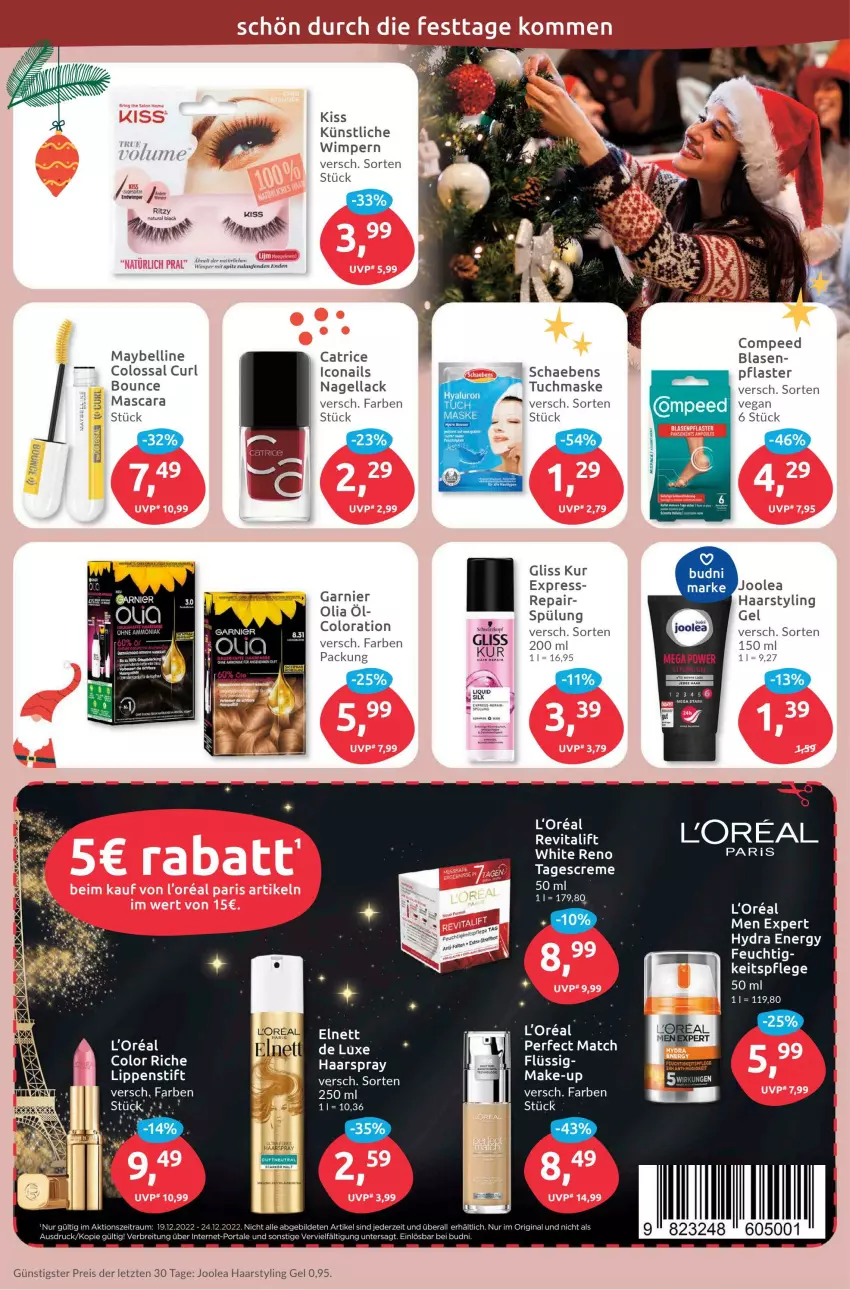 Aktueller Prospekt Budni - Prospekte - von 19.12 bis 24.12.2022 - strona 5 - produkty: Brei, Compeed, creme, eis, elnett, garnier, gin, gliss, gliss kur, haarspray, Jura, l'oreal, lack, Laufen, Lippenstift, loreal, Make-up, Mascara, Maske, Maybelline, Nagellack, pflaster, reis, Revital, revitalift, Schaebens, spülung, Styling Gel, tagescreme, tee, Ti, tuc, tuchmaske, vita, ZTE