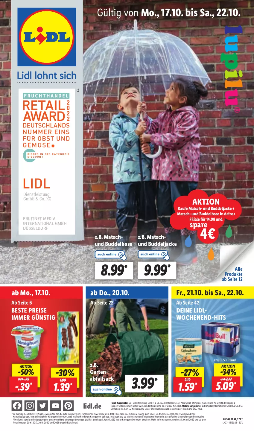 Aktueller Prospekt Lidl - Aktionsprospekt - von 17.10 bis 22.10.2022 - strona 1 - produkty: Abtei, angebot, angebote, Bad, bio, discount, eis, ente, frucht, Garten, hose, Jacke, magazin, obst, reis, sac, Ti, und gemüse