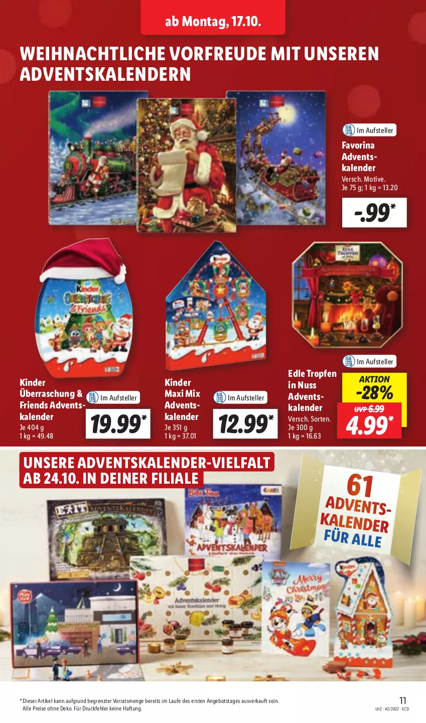 Aktueller Prospekt Lidl - Aktionsprospekt - von 17.10 bis 22.10.2022 - strona 11 - produkty: Adventskalender, angebot, eis, elle, Kinder, Kinder Maxi, nuss, reis, teller, Ti, ZTE