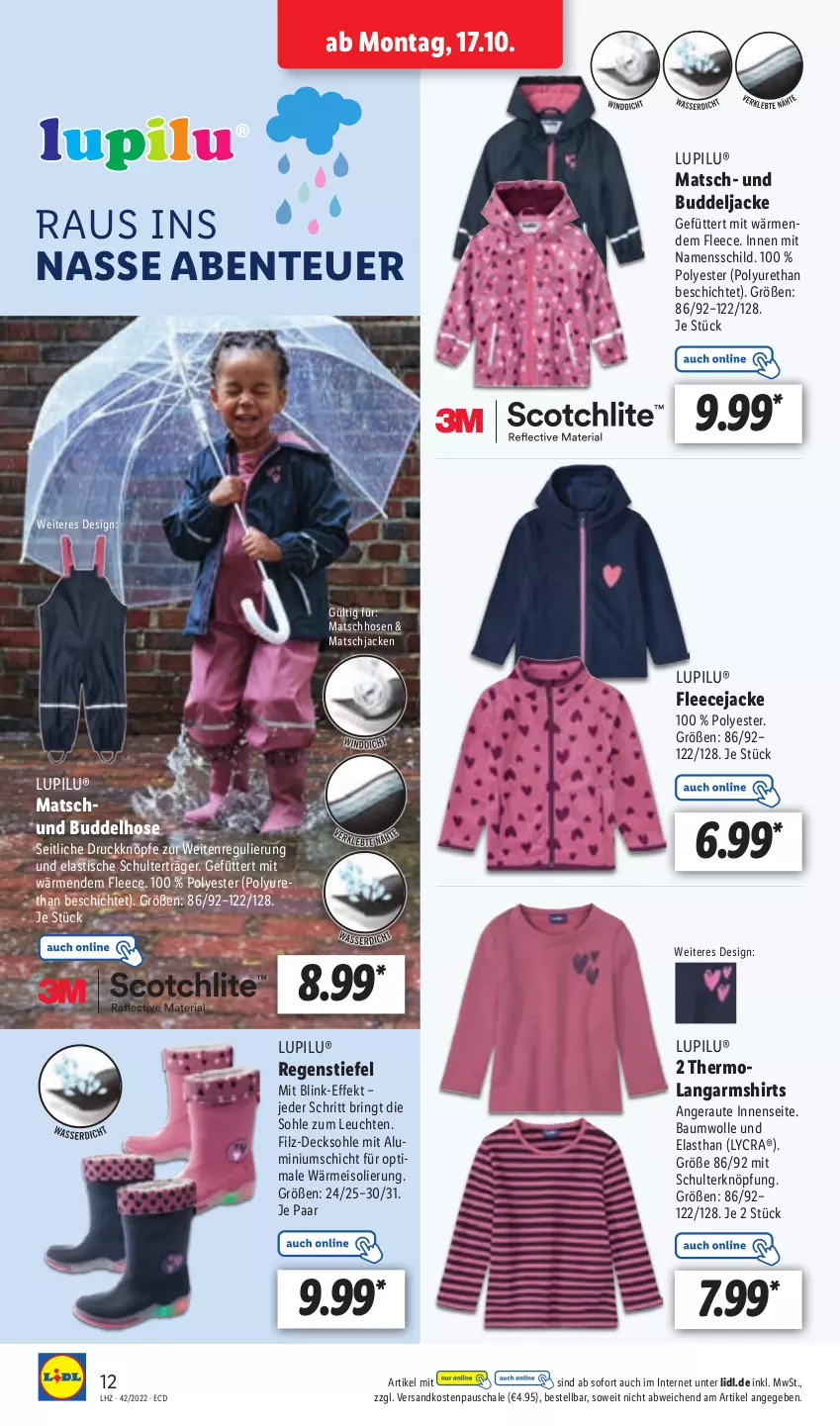 Aktueller Prospekt Lidl - Aktionsprospekt - von 17.10 bis 22.10.2022 - strona 12 - produkty: asti, Bau, baumwolle, decksohle, eis, ente, Fleecejacke, hose, hosen, Jacke, Langarmshirt, Leuchte, leuchten, lupilu, ndk, ring, Schal, Schale, shirt, shirts, Ti, tisch, wolle