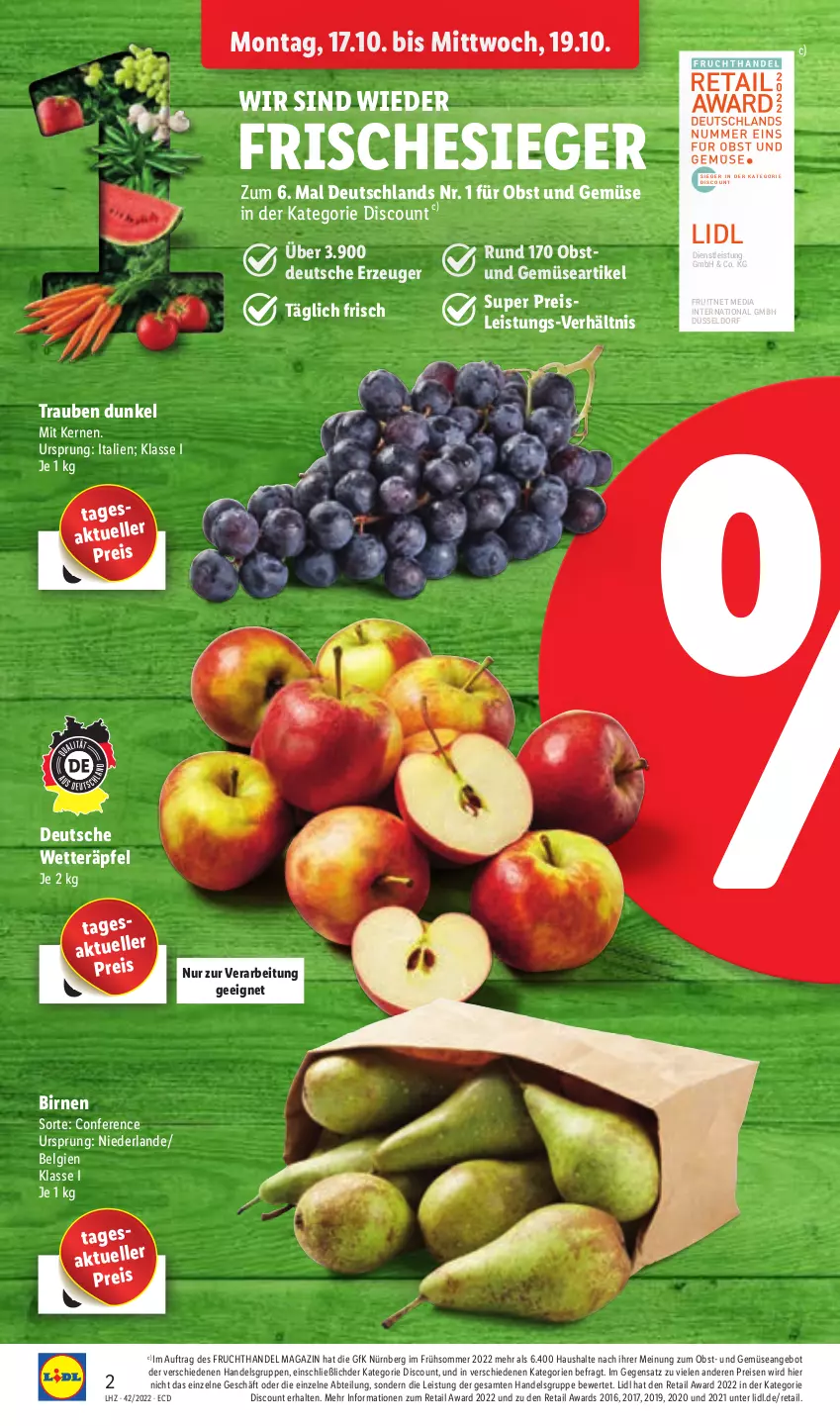 Aktueller Prospekt Lidl - Aktionsprospekt - von 17.10 bis 22.10.2022 - strona 2 - produkty: Abtei, angebot, Birnen, discount, eis, elle, ente, frucht, LG, magazin, obst, Obst und Gemüse, reis, Ti, trauben, und gemüse