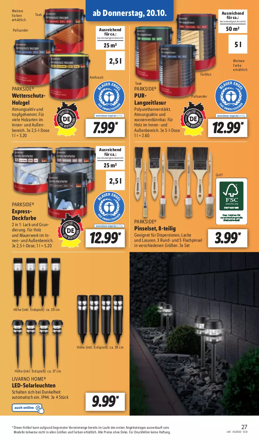 Aktueller Prospekt Lidl - Aktionsprospekt - von 17.10 bis 22.10.2022 - strona 27 - produkty: angebot, auer, auto, dell, eis, elle, Holz, HP, lack, Lacke, led-solarleuchte, Leuchte, leuchten, Mode, Parkside, Pinsel, Pinselset, reis, rwe, Schal, solarleuchte, ssd, Ti, tisch, wasser, ZTE