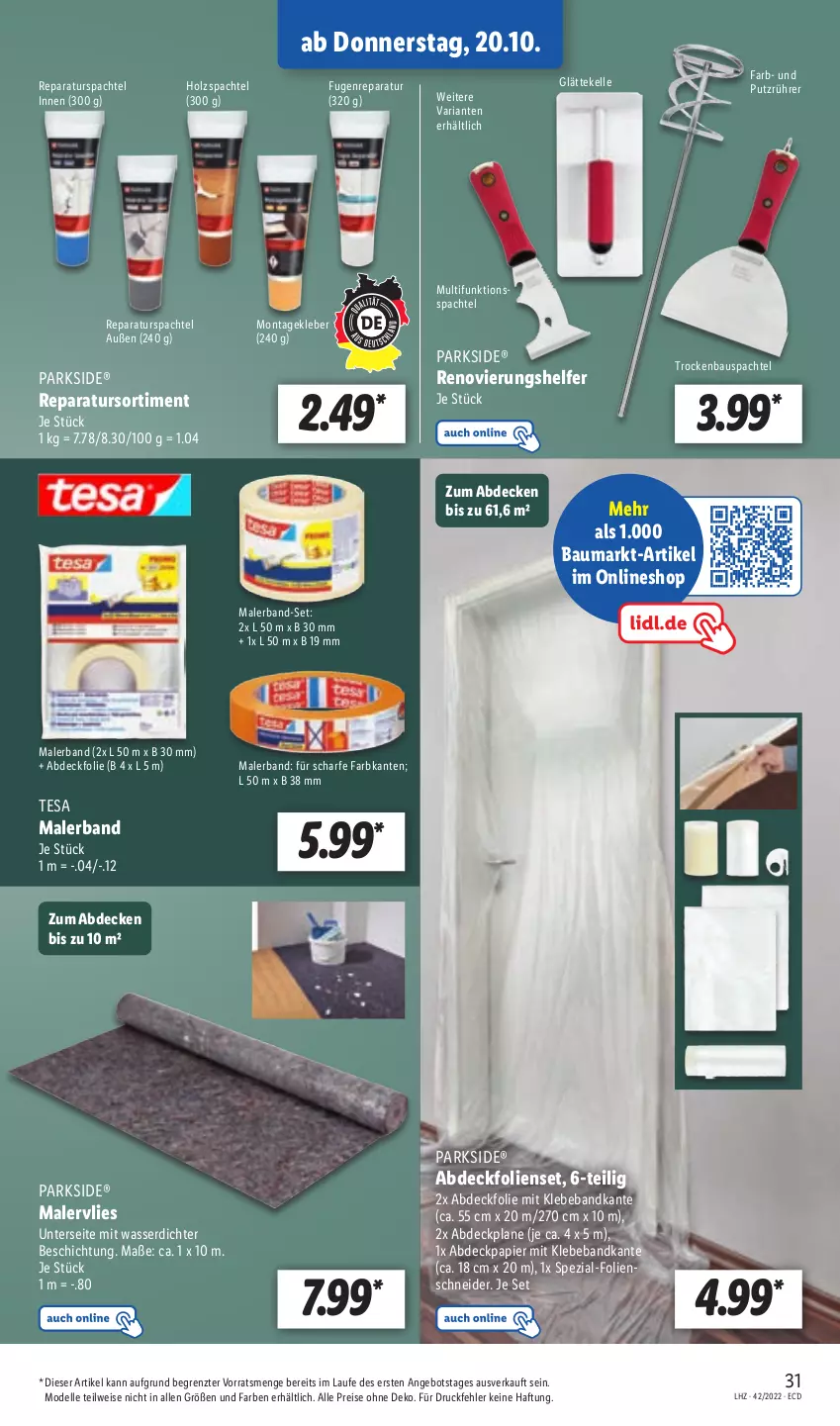 Aktueller Prospekt Lidl - Aktionsprospekt - von 17.10 bis 22.10.2022 - strona 31 - produkty: abdeckplane, angebot, Bau, Beba, decke, dell, eis, elle, Holz, kleber, Mode, ndk, papier, Parkside, reis, Ria, spachtel, Spezi, tesa, Ti, wasser, ZTE