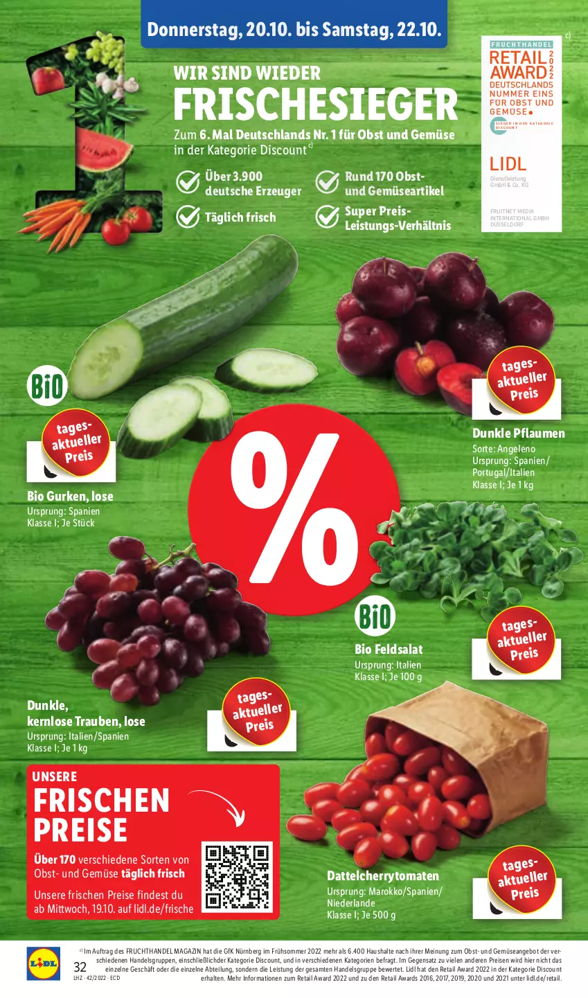 Aktueller Prospekt Lidl - Aktionsprospekt - von 17.10 bis 22.10.2022 - strona 32 - produkty: Abtei, angebot, bio, bio gurken, cherrytomaten, discount, eis, elle, ente, feldsalat, frucht, gurke, gurken, magazin, obst, Obst und Gemüse, pflaume, pflaumen, reis, salat, Ti, tomate, tomaten, trauben, und gemüse