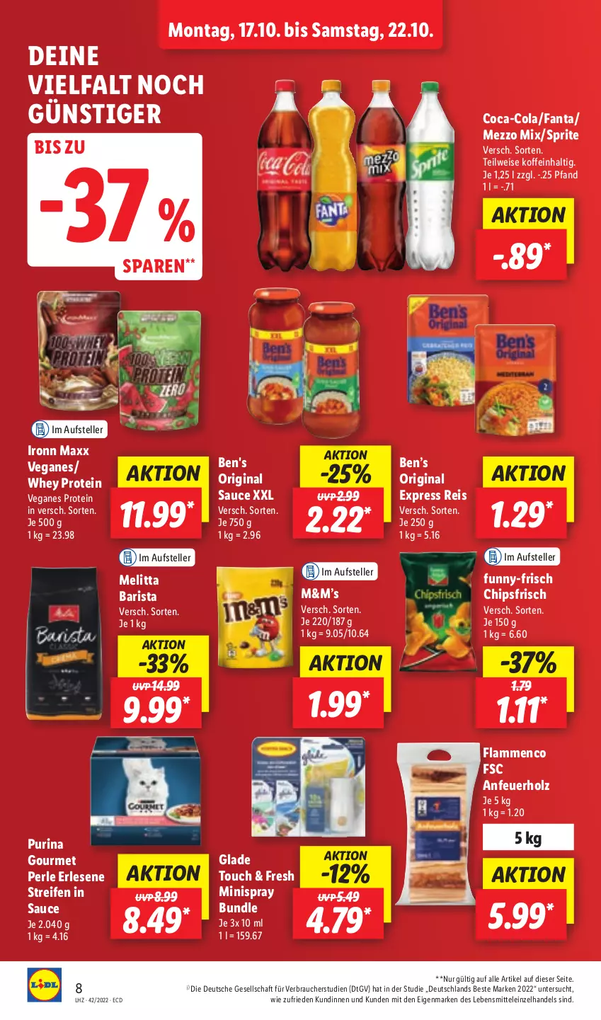 Aktueller Prospekt Lidl - Aktionsprospekt - von 17.10 bis 22.10.2022 - strona 8 - produkty: Anfeuerholz, Ben’s Original, chips, chipsfrisch, coca-cola, cola, eis, elle, fanta, funny-frisch, gin, Glade, Holz, lamm, lebensmittel, melitta, Mezzo Mix, purina, Rauch, reifen, reis, sauce, sprite, teller, Ti