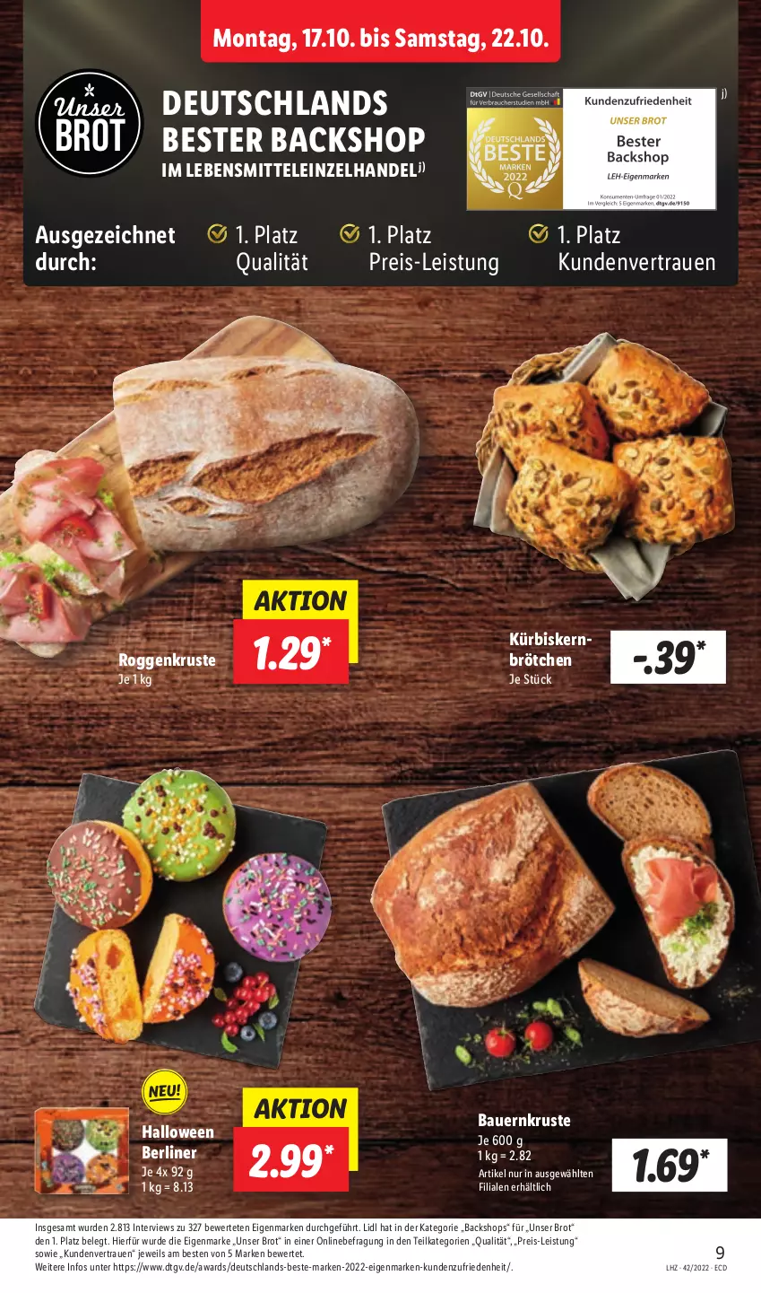 Aktueller Prospekt Lidl - Aktionsprospekt - von 17.10 bis 22.10.2022 - strona 9 - produkty: auer, Bau, Bauer, berliner, brot, brötchen, eis, Kürbis, Kürbiskernbrötchen, lebensmittel, reis, Ti