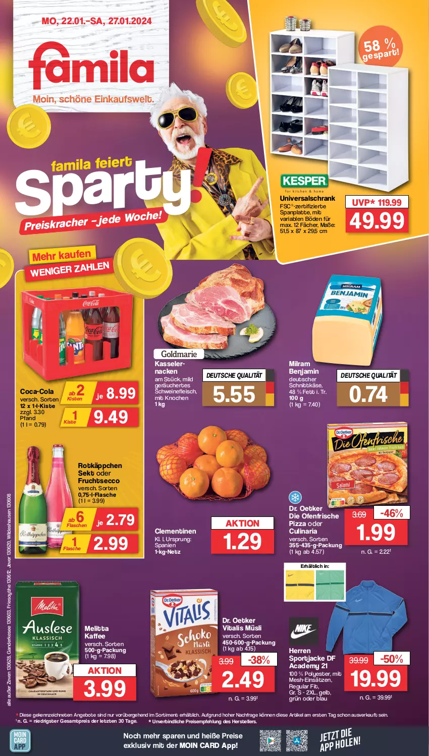 Aktueller Prospekt Famila - Prospekte - von 22.01 bis 27.01.2024 - strona 1 - produkty: angebot, angebote, clementinen, coca-cola, cola, culinaria, deutscher schnittkäse, die ofenfrische, Dr. Oetker, ecco, eis, elle, flasche, fleisch, frucht, fruchtsecco, Jacke, jever, kaffee, Käse, kracher, latte, melitta, milram, müsli, Ofen, pizza, reis, Ria, rotkäppchen, schnittkäse, Schrank, schwein, schweine, schweinefleisch, sekt, Sport, teller, Ti, vita, vitalis, vitalis müsli, wein, weine, Wild, ZTE