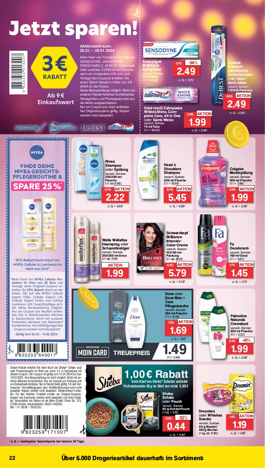 Aktueller Prospekt Famila - Prospekte - von 22.01 bis 27.01.2024 - strona 22 - produkty: auer, Bad, Becher, beutel, bürste, colgate, coupon, coupons, creme, deo, deodorant, dove, dreamies, dusche, eier, eis, ente, erde, Finish, flasche, gesichtspflege, gin, haarspray, LG, mars, mundspülung, natur, natura, nivea, oder schaumfestiger, Odol, olive, palmolive, pasta, pflegedusche, portionsbeutel, Rauch, reis, Schal, Schale, schaumfestiger, schwarzkop, schwarzkopf, sensodyne, shampoo, shampoo oder spülung, sheba, snack, snacks, sofort-rabatt, spülung, telefon, Ti, uhr, Wella, wellaflex, whiskas, zahnbürste, zahnpasta, ZTE