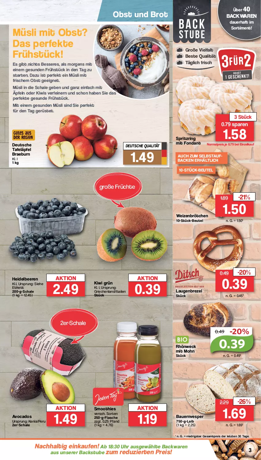 Aktueller Prospekt Famila - Prospekte - von 22.01 bis 27.01.2024 - strona 3 - produkty: auer, avocado, avocados, backwaren, Bau, Bauer, beere, beeren, beutel, brezel, brot, brötchen, eis, flasche, früchte, heidelbeere, heidelbeeren, kiwi, Laugenbrezel, müsli, obst, reis, ring, Schal, Schale, smoothie, smoothies, stube, tafeläpfel, Ti, uhr, weck, weizenbrötchen, ZTE