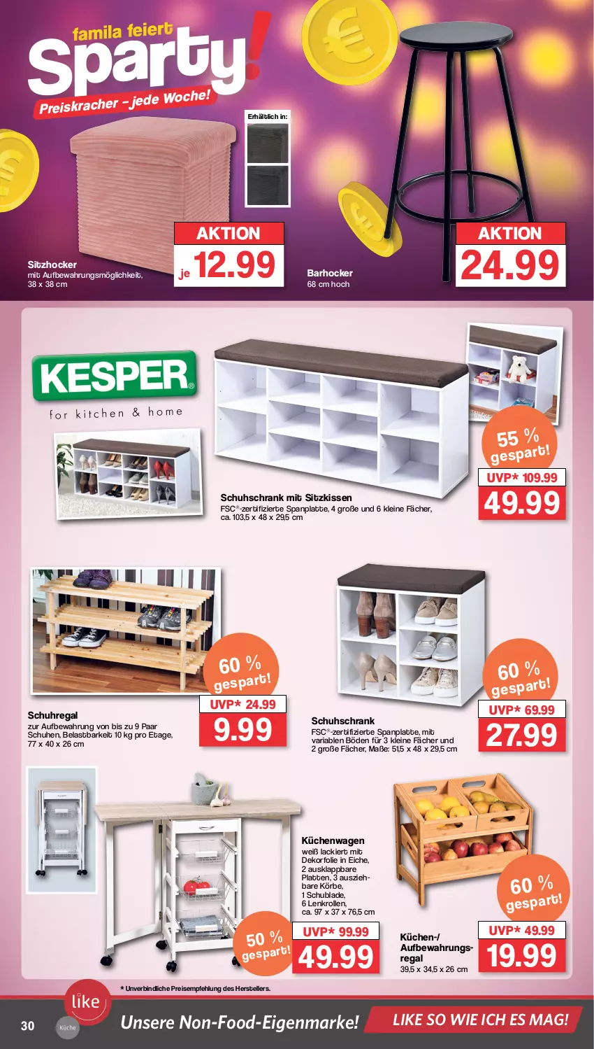 Aktueller Prospekt Famila - Prospekte - von 22.01 bis 27.01.2024 - strona 30 - produkty: angebot, angebote, barhocker, eis, elle, hocker, kissen, kracher, küche, Küchen, lack, latte, leine, paar schuhe, regal, reis, Ria, Schrank, schuhe, schuhregal, schuhschrank, sitzkissen, teller, Ti, uhr