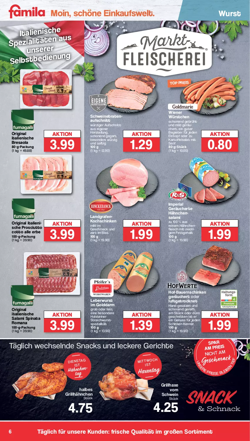 Aktueller Prospekt Famila - Prospekte - von 22.01 bis 27.01.2024 - strona 6 - produkty: auer, aufschnitt, axe, Bau, Bauer, Bauernschinken, braten, bratenaufschnitt, Bresaola, eintopf, eis, fleisch, gin, grill, grillhähnchen, grillhaxe, Hähnchenfleisch, Haxe, holsteiner, kartoffel, kartoffelsalat, kochschinken, leberwurst, mac, nuss, prosciutto, prosciutto cotto, reis, resa, Ria, saft, salami, salat, salz, schinken, schnitten, schwein, schweine, schweinebraten, senf, snack, snacks, Spezi, spinat, steiner, Ti, topf, wein, weine, wiener, wiener würstchen, wurst, würstchen