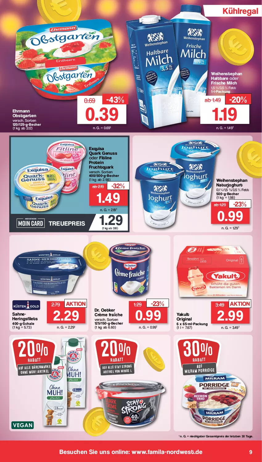 Aktueller Prospekt Famila - Prospekte - von 22.01 bis 27.01.2024 - strona 9 - produkty: bärenmarke, Becher, crème fraîche, Dr. Oetker, ehrmann, eis, exquisa, filet, filets, fitline, frische milch, frucht, Fruchtquark, Garten, gin, hering, Herings, heringsfilets, joghur, joghurt, kühlregal, milch, milram, natur, naturjoghurt, nuss, obst, obstgarten, porridge, quark, quark genus, quark genuss, regal, reis, ring, sahne, Schal, Schale, Ti, weihenstephan, ZTE