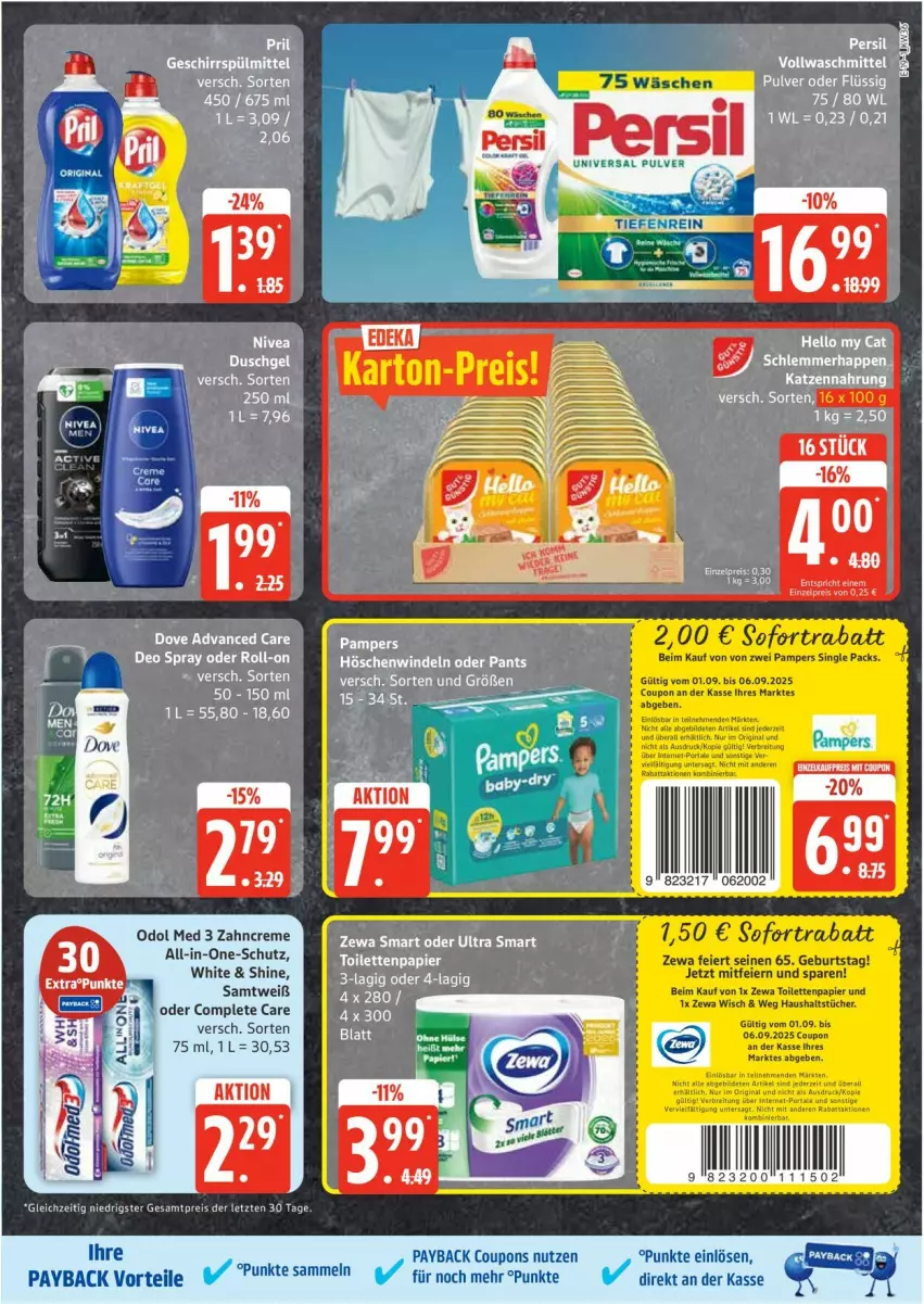 Aktueller Prospekt Edeka - Prospekte - von 01.09 bis 06.09.2025 - strona 19 - produkty: acer, coupon, coupons, creme, deo, deo spray, dove, eier, eis, elle, haushaltstücher, katzennahrung, Kette, Odol, odol med, pampers, papier, payback, pril, reis, roll-on, sofortrabatt, tee, Ti, toilettenpapier, tücher, zahncreme, zewa, ZTE