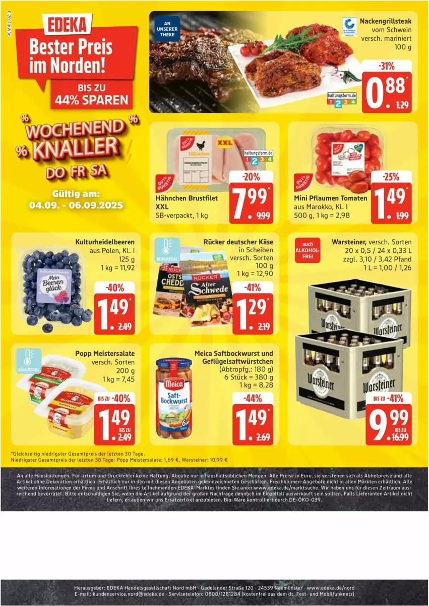 Aktueller Prospekt Edeka - Prospekte - von 01.09 bis 06.09.2025 - strona 20 - produkty: abholpreise, alle artikel ohne dekoration, angebot, angebote, beere, beeren, bio, blume, blumen, bockwurst, brustfilet, deka, dekoration, eis, Elan, filet, Geflügel, grill, heidelbeere, heidelbeeren, Käse, meica, Meister, pflaume, pflaumen, Popp, reis, saft, salat, salate, schwein, steak, steiner, telefon, Ti, tomate, tomaten, trolli, warsteiner, wein, wurst, würstchen, ZTE