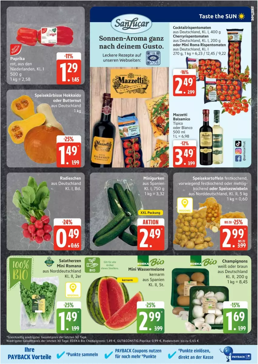 Aktueller Prospekt Edeka - Prospekte - von 01.09 bis 06.09.2025 - strona 5 - produkty: balsam, balsamico, bio, braun, champignon, champignons, cocktail, coupon, coupons, deka, edeka bio, eis, kartoffel, kartoffeln, Kürbis, mehl, melone, paprika, payback, radieschen, reis, rezept, rezepte, rispentomaten, salat, salatherzen, speisekartoffeln, Speisezwiebeln, Ti, Tipi, tomate, tomaten, wasser, wassermelone, ZTE, zwiebel, zwiebeln