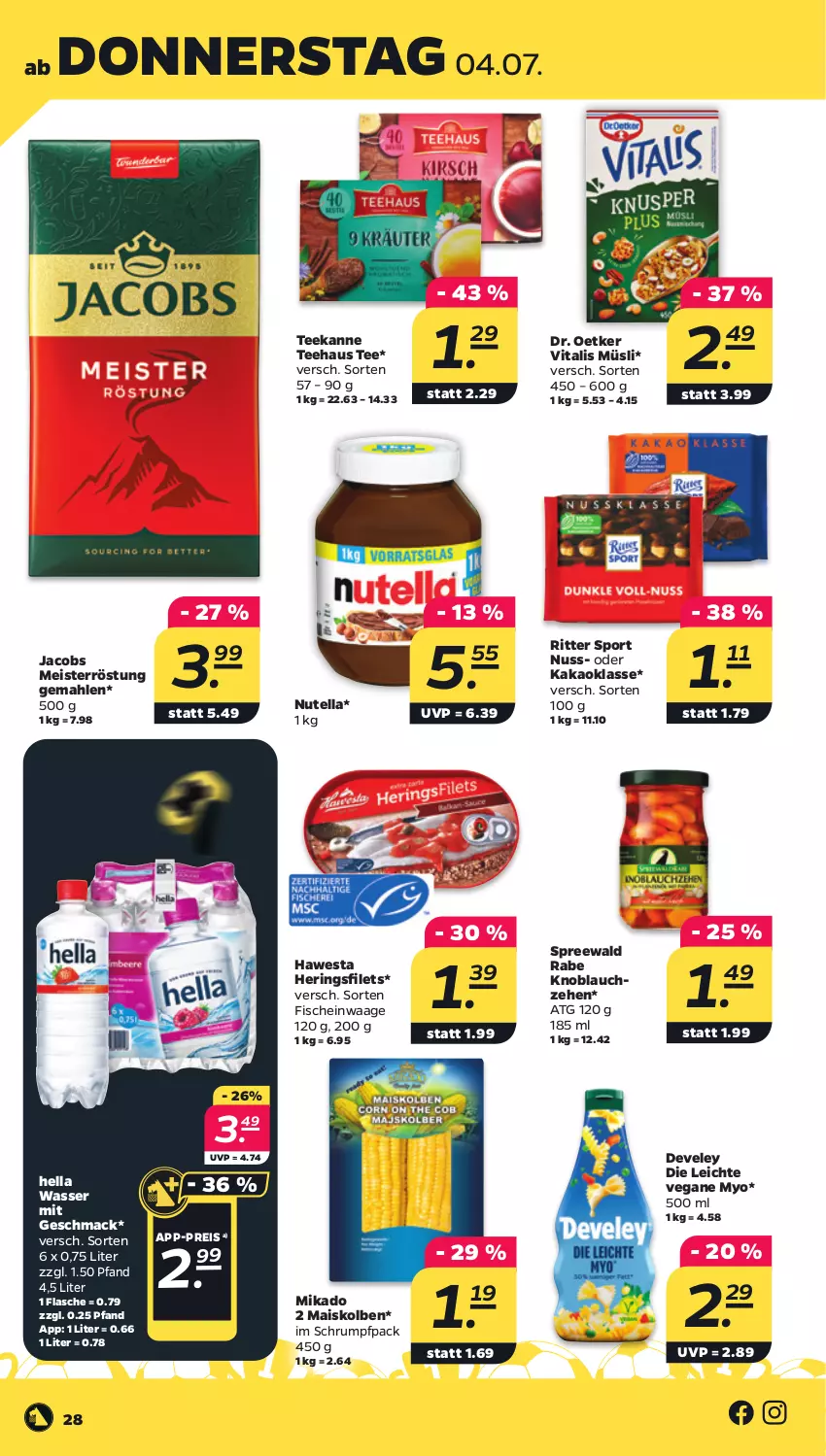 Aktueller Prospekt Netto - Woche 27 - von 01.07 bis 06.07.2024 - strona 28 - produkty: develey, Dr. Oetker, eis, filet, filets, fisch, fische, flasche, hawesta, hella, hering, Herings, heringsfilets, jacobs, Jacobs Meisterröstung, kakao, knoblauch, mac, mais, Meister, meisterröstung, mikado, müsli, nuss, nutella, reis, ring, ritter, ritter sport, rum, Sport, tee, teekanne, vita, vitalis, vitalis müsli, Waage, wasser, Yo