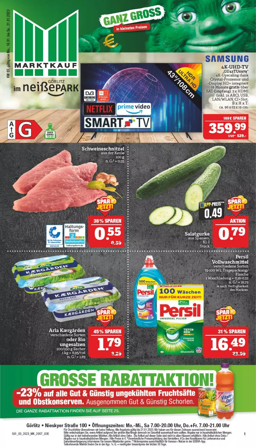 Aktueller Prospekt Marktkauf - Prospekt - von 15.01 bis 21.01.2023 - strona 1 - produkty: aktionspreis, angebot, angebote, arla, Becher, bio, deka, eis, elle, flasche, gurke, HDMI, lieferservice, nuss, persil, reis, salat, Salatgurke, salz, Samsung, schnitzel, schwein, schweine, schweineschnitzel, tee, teller, Ti, uhd, UHD-TV, uhr, usb, wein, weine, ZTE