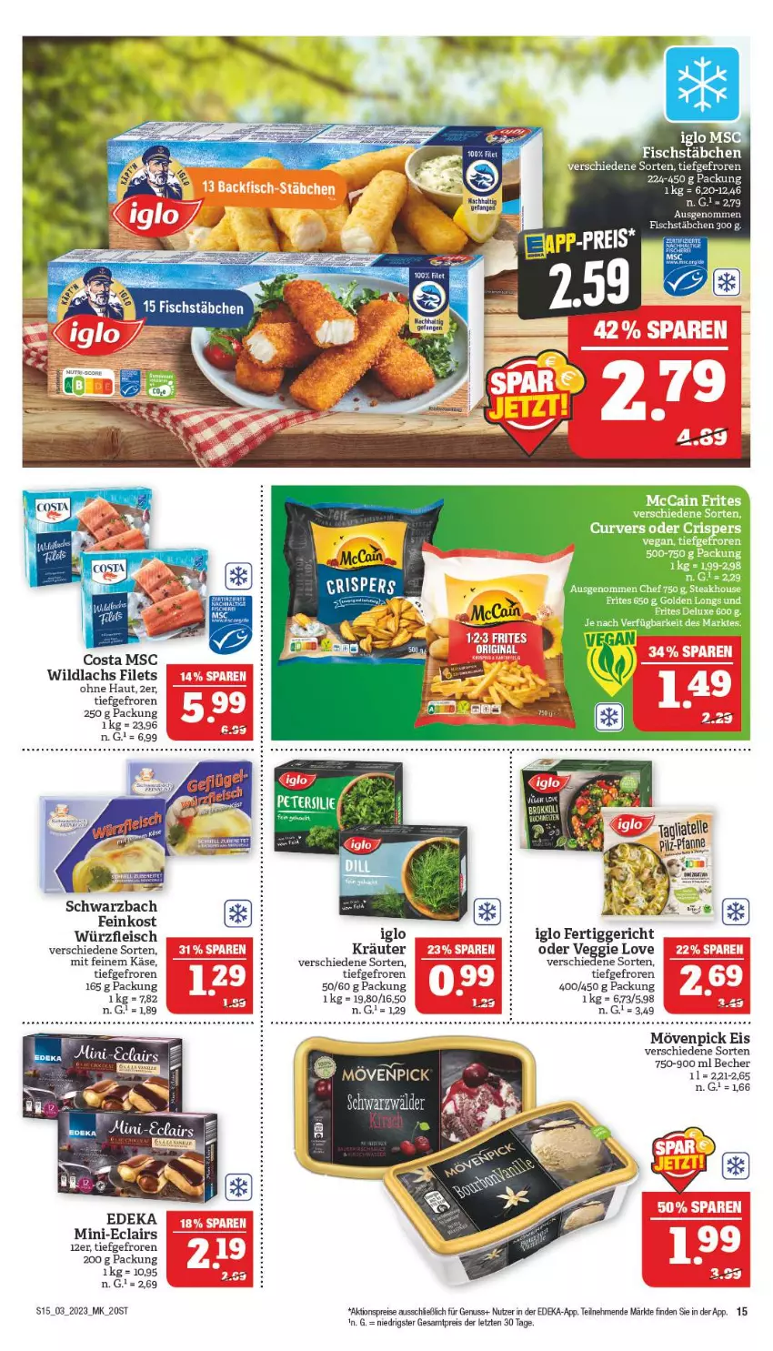 Aktueller Prospekt Marktkauf - Prospekt - von 15.01 bis 21.01.2023 - strona 15 - produkty: aktionspreis, Becher, deka, eis, elle, feinkost, fertiggericht, filet, filets, fisch, fischstäbchen, fleisch, gin, iglo, Käse, kräuter, lachs, mccain, mövenpick, mövenpick eis, nuss, pfanne, reis, steak, Ti, veggie, Veggie Love, Wild, wildlachs, ZTE