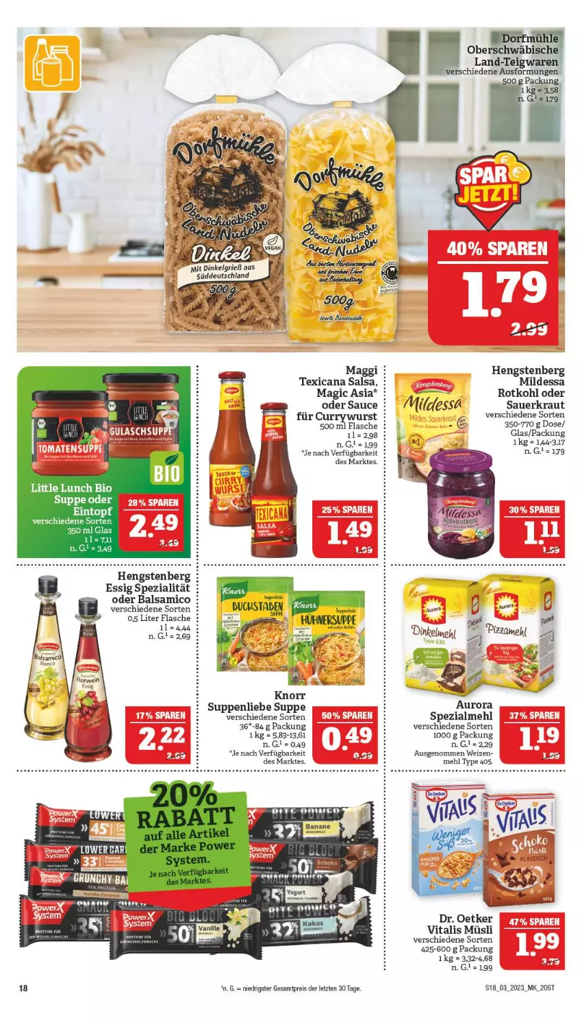 Aktueller Prospekt Marktkauf - Prospekt - von 15.01 bis 21.01.2023 - strona 18 - produkty: auer, balsam, balsamico, bio, curry, currywurst, Dr. Oetker, eintopf, eis, essig, flasche, hengstenberg, knorr, Kraut, LG, maggi, mehl, müsli, reis, rotkohl, Salsa, sauce, Sauerkraut, Spezi, suppe, suppen, suppenliebe, texicana, Texicana Salsa, topf, vita, vitalis, vitalis müsli, wurst, ZTE