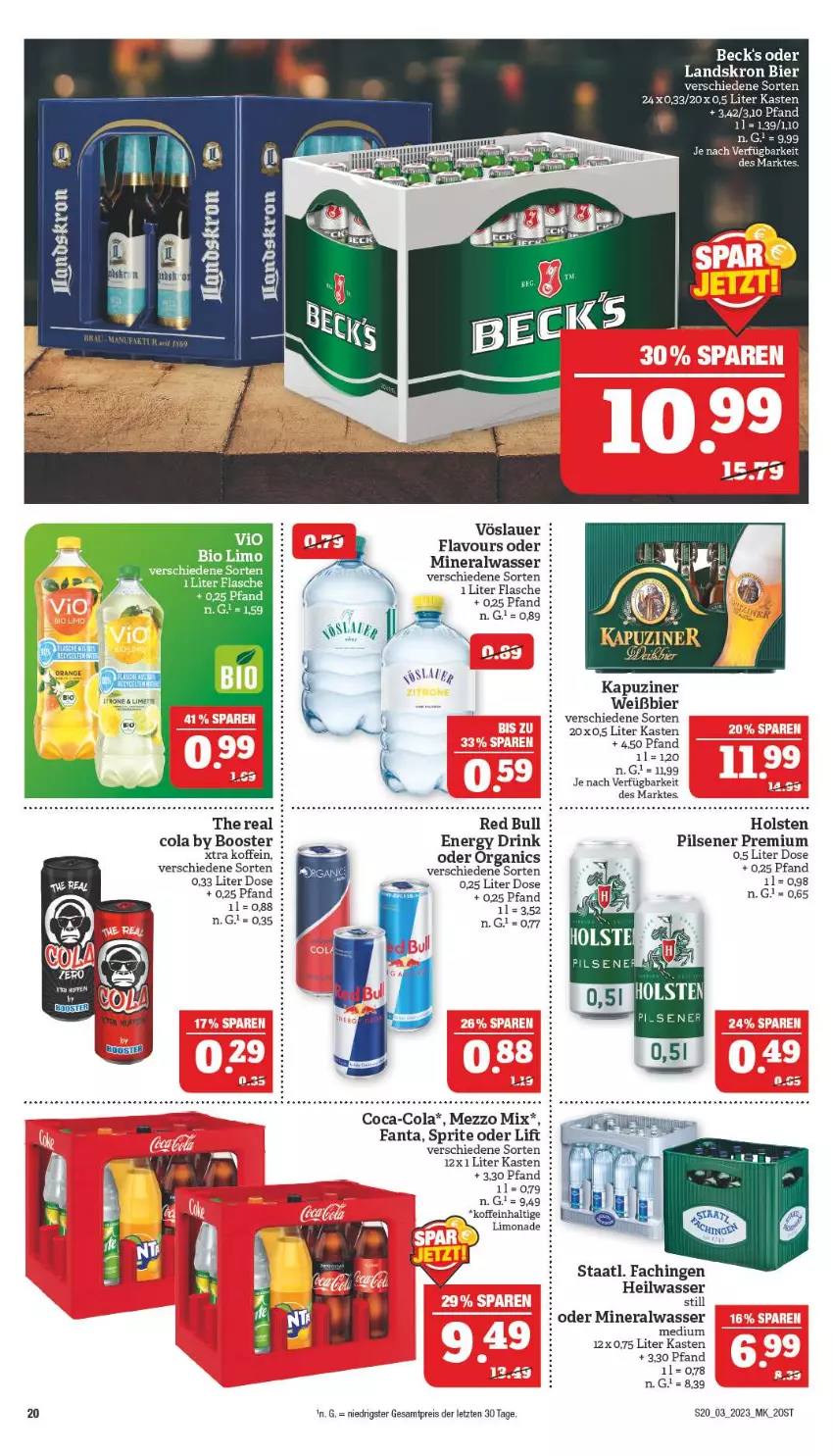 Aktueller Prospekt Marktkauf - Prospekt - von 15.01 bis 21.01.2023 - strona 20 - produkty: Alwa, auer, beck's, bier, bio, bio limo, coca-cola, cola, drink, eis, energy drink, fanta, flasche, holsten, limette, limo, limonade, Mett, Mezzo Mix, mineralwasser, orange, pils, pilsener, red bull, reis, slip, sprite, Staatl. Fachingen, Ti, vio bio limo, vöslauer, wasser, ZTE