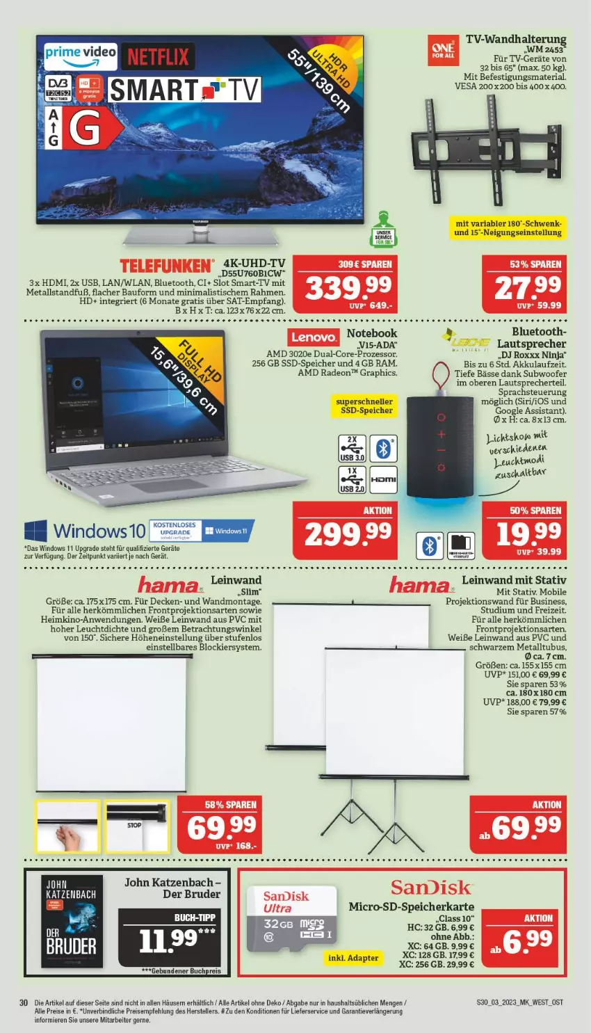 Aktueller Prospekt Marktkauf - Prospekt - von 15.01 bis 21.01.2023 - strona 30 - produkty: adapter, akku, AMD Radeon, Bau, buch, decke, deo, eis, elle, gsw, hama, HDMI, HP, lautsprecher, lieferservice, mumm, notebook, radeon, reis, Ria, sandisk, Schal, speicherkarte, ssd, SSD-Speicher, Subwoofer, telefunken, teller, Ti, tisch, uhd, UHD-TV, usb, wandhalterung