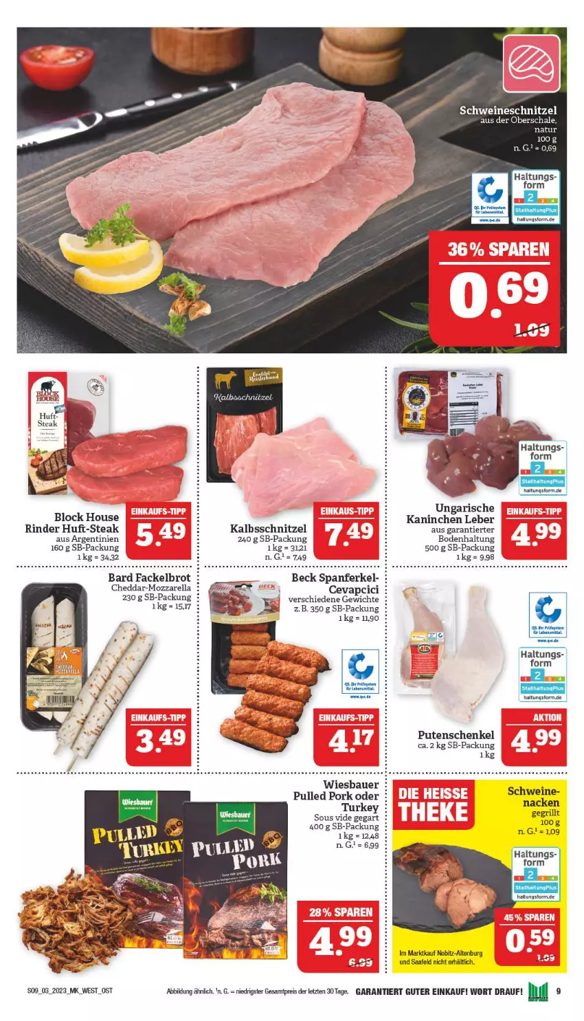 Aktueller Prospekt Marktkauf - Prospekt - von 15.01 bis 21.01.2023 - strona 9 - produkty: auer, Bau, Bauer, brot, cevapcici, cheddar, eis, grill, henkel, kalbsschnitzel, lebensmittel, mozzarella, natur, Pulled Pork, pute, reis, rel, rind, rinder, Schal, Schale, schenkel, schnitzel, schwein, schweine, schweineschnitzel, steak, Ti, wein, weine, wiesbauer, ZTE