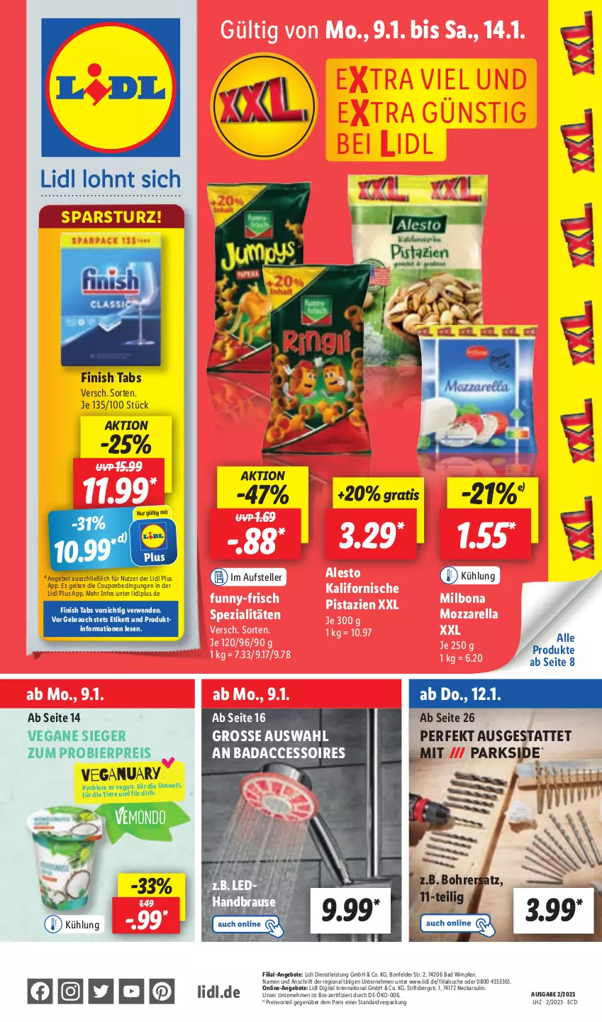 Aktueller Prospekt Lidl - Aktionsprospekt - von 09.01 bis 14.01.2023 - strona 1 - produkty: ACC, accessoires, alesto, angebot, angebote, Bad, bier, Biere, bio, Bona, brause, coupon, eis, elle, Finish, funny-frisch, handbrause, Milbona, mozzarella, pistazien, preisvorteil, Rauch, reis, rel, rwe, Spezi, teller, Ti, Tiere