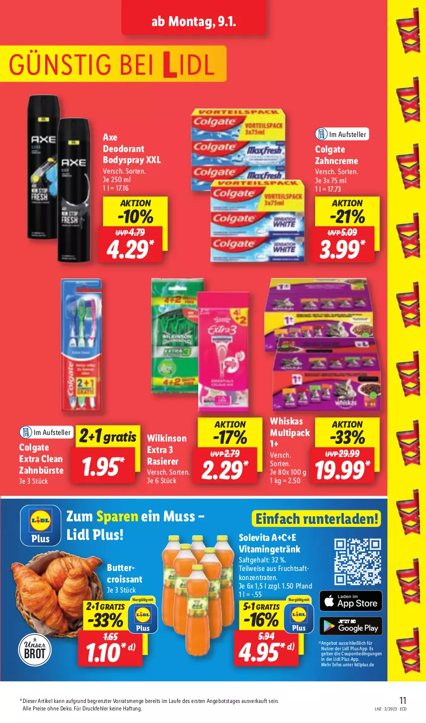 Aktueller Prospekt Lidl - Aktionsprospekt - von 09.01 bis 14.01.2023 - strona 11 - produkty: angebot, axe, body, bodyspray, brot, bürste, butter, colgate, coupon, creme, Croissant, deo, deodorant, eis, elle, frucht, fruchtsaft, getränk, LG, rasierer, reis, saft, teller, Ti, vita, whiskas, wilkinson, zahnbürste, zahncreme, ZTE