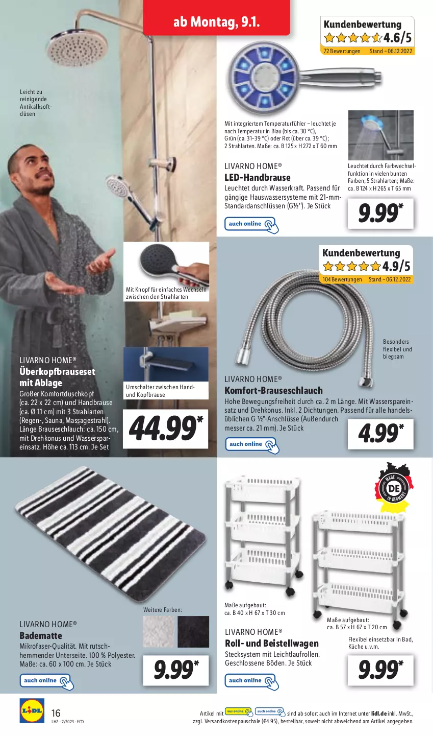 Aktueller Prospekt Lidl - Aktionsprospekt - von 09.01 bis 14.01.2023 - strona 16 - produkty: Bad, badematte, Bau, brause, brauseschlauch, eis, handbrause, kraft, küche, Leuchte, messer, mikrofaser, ndk, passend für alle, Schal, Schale, schlauch, Ti, wasser