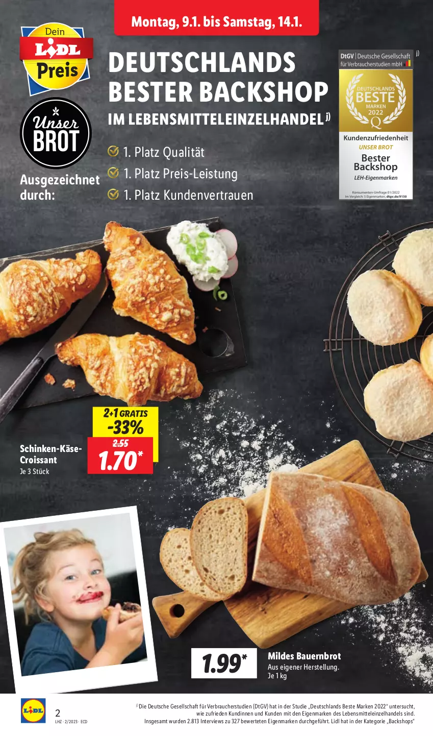 Aktueller Prospekt Lidl - Aktionsprospekt - von 09.01 bis 14.01.2023 - strona 2 - produkty: auer, Bau, Bauer, brot, Croissant, eis, Käse, lebensmittel, Rauch, reis, schinken, Ti