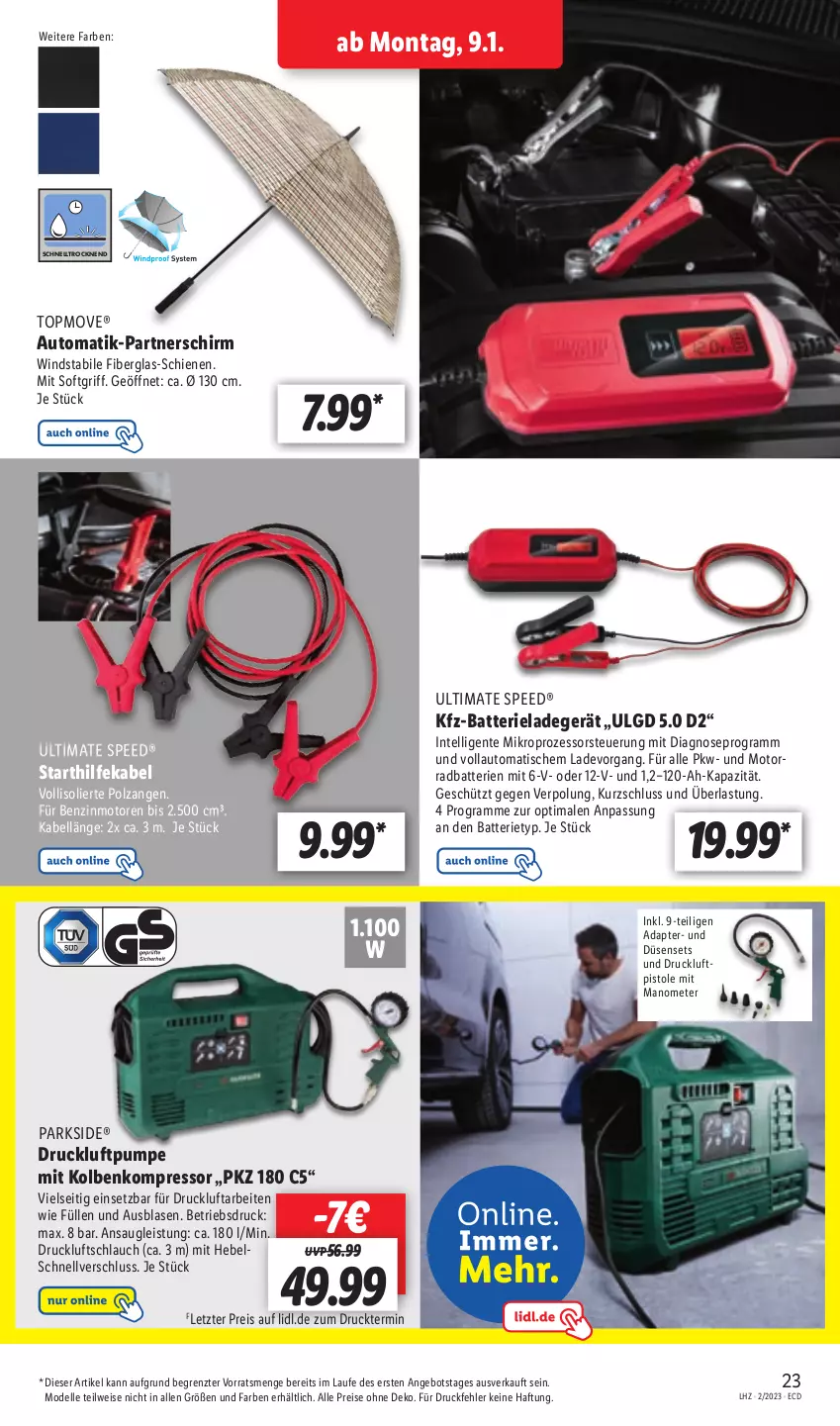 Aktueller Prospekt Lidl - Aktionsprospekt - von 09.01 bis 14.01.2023 - strona 23 - produkty: adapter, angebot, auto, batterie, batterien, dell, eis, elle, ente, Intel, kompressor, ladegerät, LG, Mode, Parkside, reis, schlauch, spee, Ti, tisch, usb, Zangen, ZTE