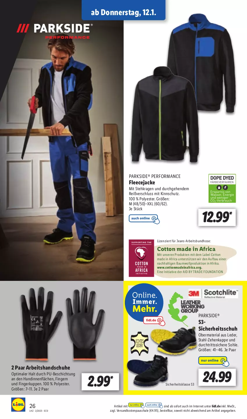 Aktueller Prospekt Lidl - Aktionsprospekt - von 09.01 bis 14.01.2023 - strona 26 - produkty: Bau, Fleecejacke, handschuhe, hose, Jacke, jeans, ndk, Parkside, Ria, Schal, Schale, schuhe, Ti