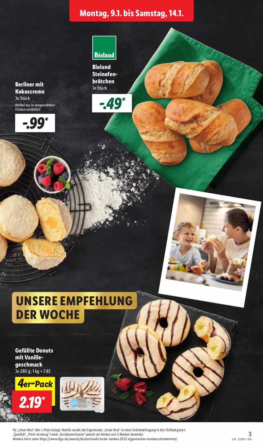 Aktueller Prospekt Lidl - Aktionsprospekt - von 09.01 bis 14.01.2023 - strona 3 - produkty: berliner, bio, bioland, brot, brötchen, creme, Donut, donuts, eis, kokos, mac, Ofen, reis, steinofen, Ti, vanille