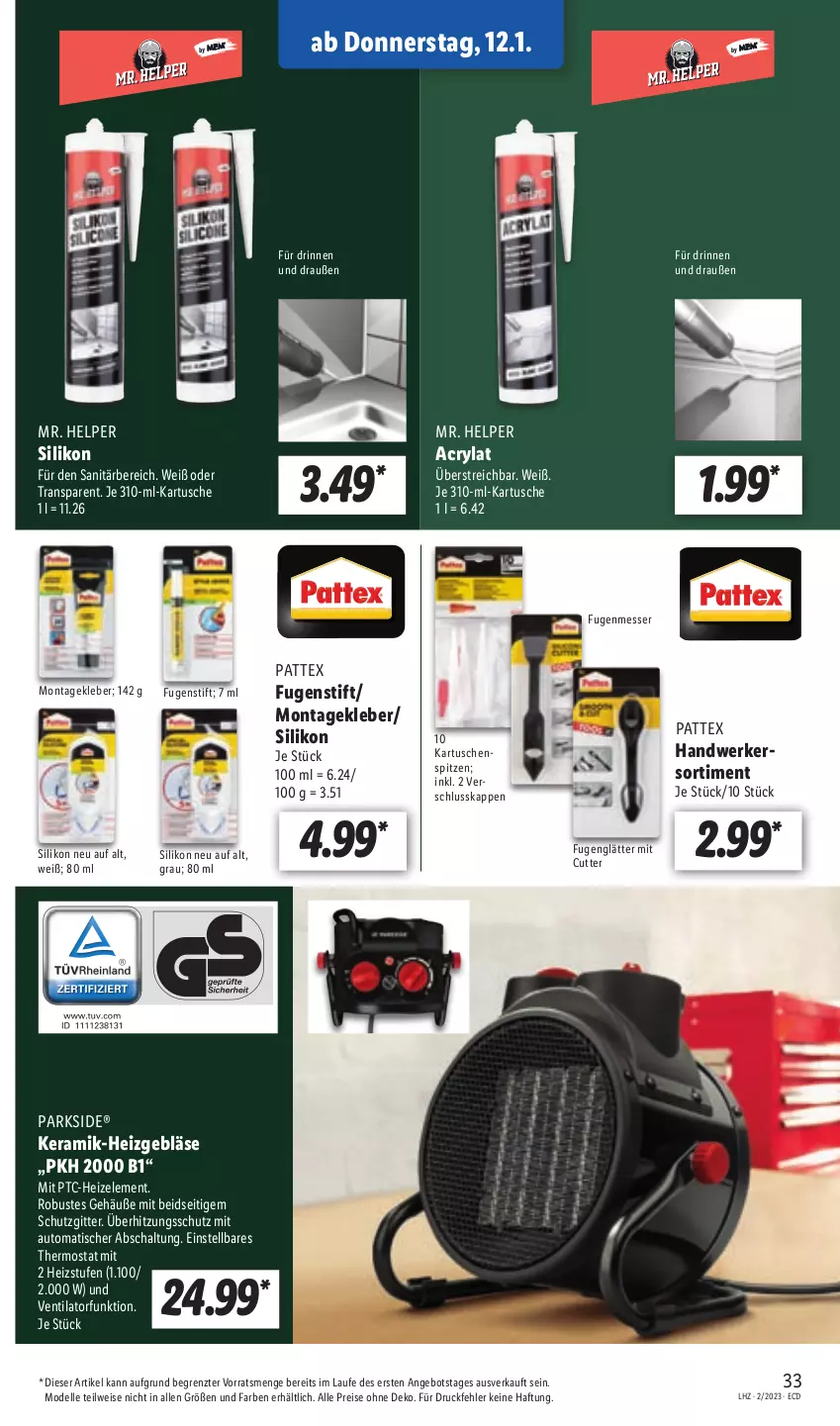 Aktueller Prospekt Lidl - Aktionsprospekt - von 09.01 bis 14.01.2023 - strona 33 - produkty: ACC, aeg, amica, angebot, aqua, arlo, asti, aust, auto, bio, Cien, Cif, dell, dip, durabil, eis, elle, ente, erde, Fugenglätter, Fugenmesser, Fugenstift, Germ, gin, Heizgebläse, kleber, mais, messer, Mode, molto, natur, Parkside, pattex, quad, reis, rel, resa, Respirator, Ria, ring, Schal, Surf, Tempo, thermostat, Ti, tisch, tuc, überhitzungsschutz, ventilator, vita, ZTE