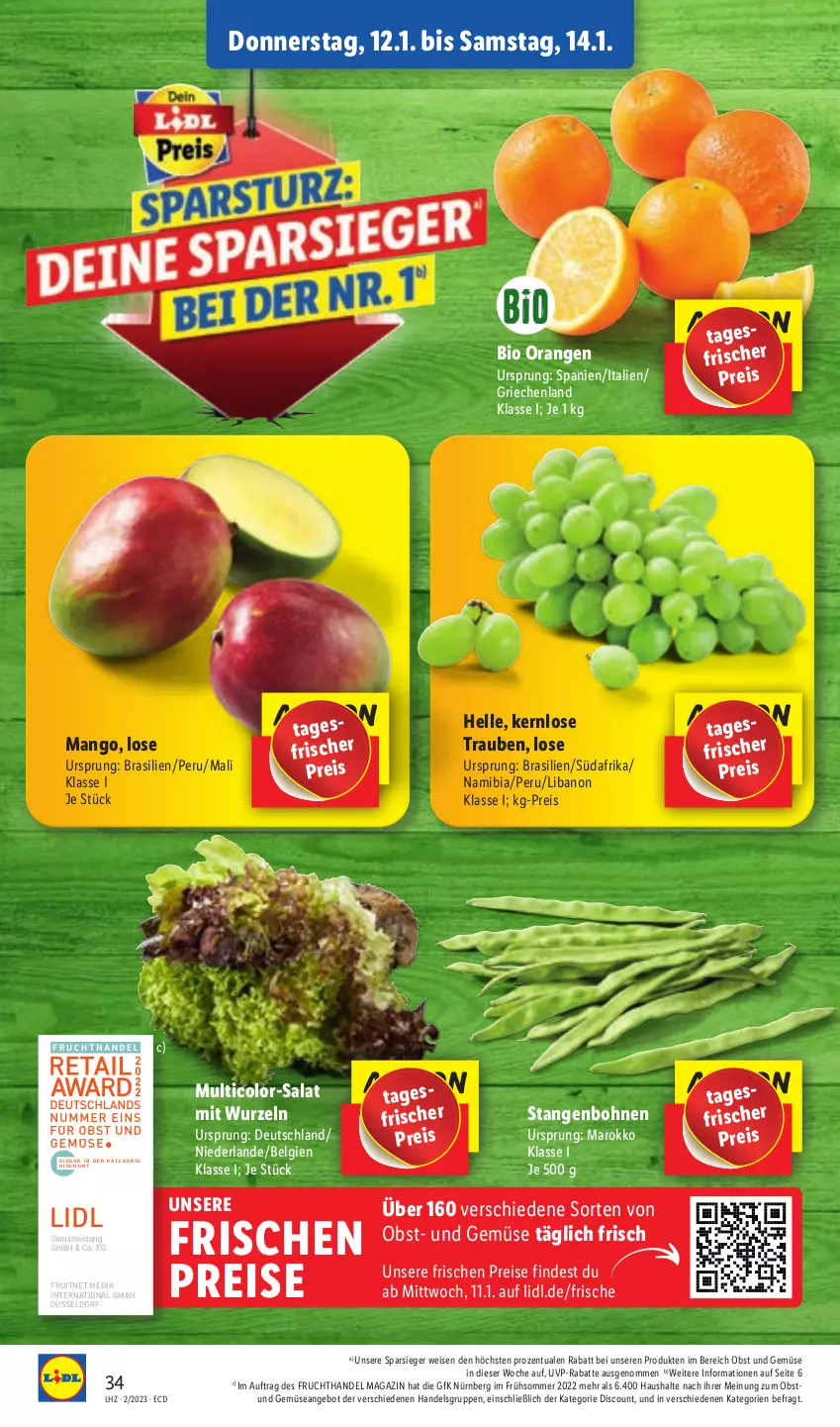 Aktueller Prospekt Lidl - Aktionsprospekt - von 09.01 bis 14.01.2023 - strona 34 - produkty: angebot, bio, bohne, bohnen, discount, eis, elle, ente, frucht, LG, magazin, mango, obst, Obst und Gemüse, orange, orangen, reis, salat, Ti, trauben, und gemüse