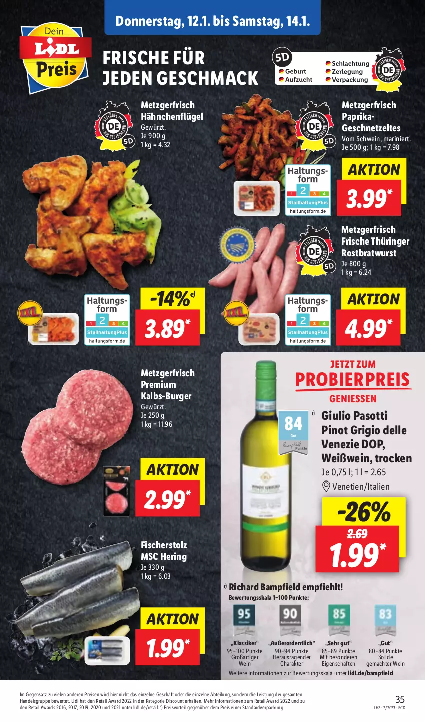 Aktueller Prospekt Lidl - Aktionsprospekt - von 09.01 bis 14.01.2023 - strona 35 - produkty: Abtei, bier, bratwurst, burger, dell, discount, eis, elle, fisch, fische, Fischer, geschnetzeltes, gewürz, hähnchenflügel, hering, mac, paprika, Pinot, pinot grigio, preisvorteil, reis, ring, rostbratwurst, schwein, thüringer rostbratwurst, Ti, wein, Weißwein, wurst, Zelt