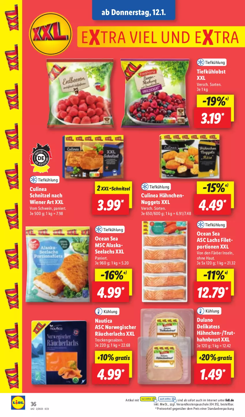 Aktueller Prospekt Lidl - Aktionsprospekt - von 09.01 bis 14.01.2023 - strona 36 - produkty: dulano, eis, filet, lachs, ndk, nuggets, obst, preisvorteil, Räucherlachs, reis, rwe, salz, Schal, Schale, schnitzel, schwein, Ti, truthahn, wein, wiener