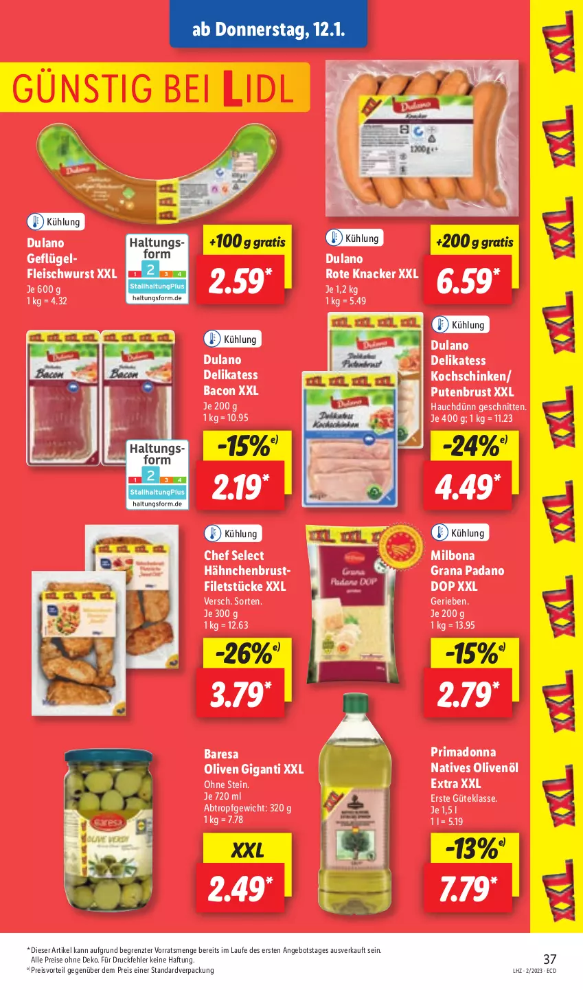 Aktueller Prospekt Lidl - Aktionsprospekt - von 09.01 bis 14.01.2023 - strona 37 - produkty: angebot, bacon, Bona, dulano, eis, filet, filets, fleisch, fleischwurst, Geflügel, grana, grana padano, hähnchenbrust, knacker, kochschinken, Milbona, natives olivenöl, olive, oliven, olivenöl, olivenöl extra, padano, preisvorteil, pute, putenbrust, Rana, reis, resa, schinken, schnitten, Ti, wurst, ZTE