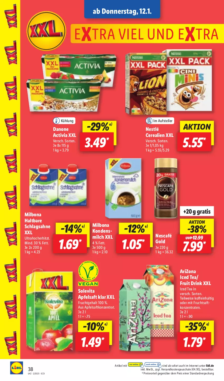 Aktueller Prospekt Lidl - Aktionsprospekt - von 09.01 bis 14.01.2023 - strona 38 - produkty: activia, apfel, apfelsaft, Bona, cerealien, danone, danone activia, drink, eis, elle, frucht, fruchtsaft, kondensmilch, Milbona, milch, mit frucht, ndk, Nescafé, nescafé gold, nestlé, preisvorteil, reis, saft, sahne, Schal, Schale, schlagsahne, teller, Ti, vita