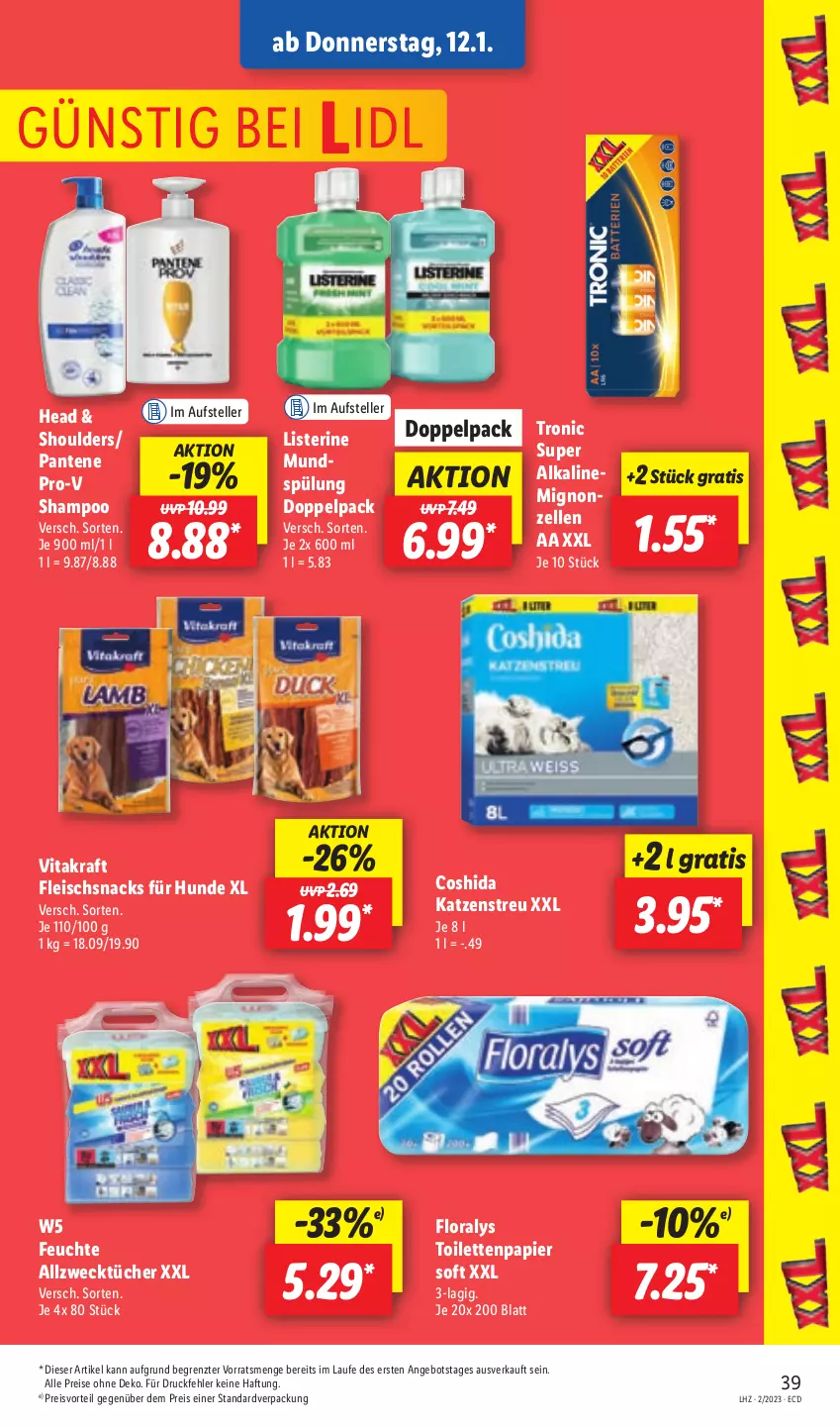 Aktueller Prospekt Lidl - Aktionsprospekt - von 09.01 bis 14.01.2023 - strona 39 - produkty: Allzwecktücher, angebot, Coshida, eis, elle, fleisch, Floralys, Katzenstreu, kraft, listerine, mundspülung, pantene, pantene pro-v, papier, preisvorteil, pro-v, reis, shampoo, snack, snacks, spülung, teller, Ti, toilettenpapier, tücher, vita, vitakraft, weck, ZTE