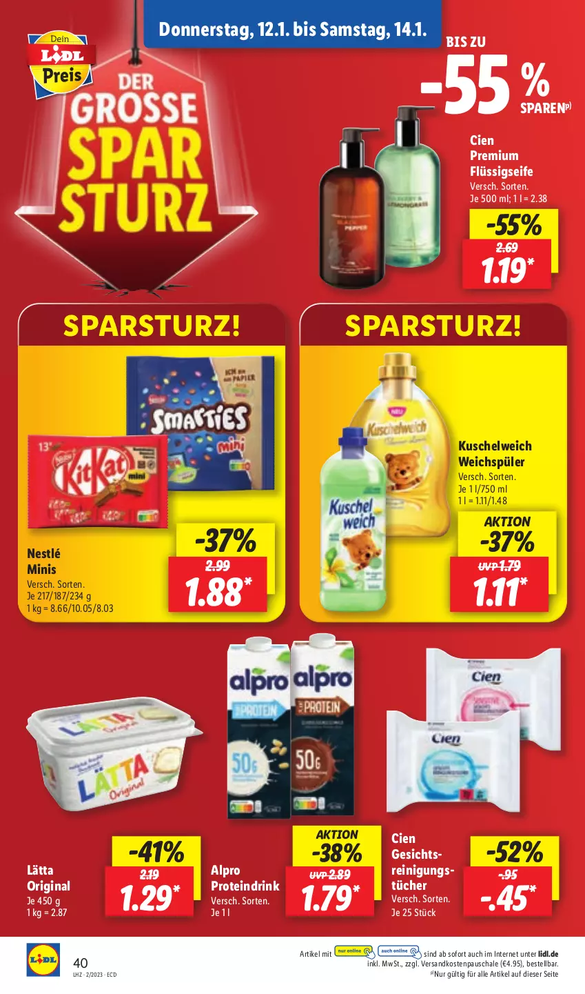 Aktueller Prospekt Lidl - Aktionsprospekt - von 09.01 bis 14.01.2023 - strona 40 - produkty: alpro, Cien, drink, flüssigseife, gin, Kuschelweich, lätta, ndk, nestlé, Proteindrink, Reinigung, Schal, Schale, Seife, Ti, tücher, weichspüler