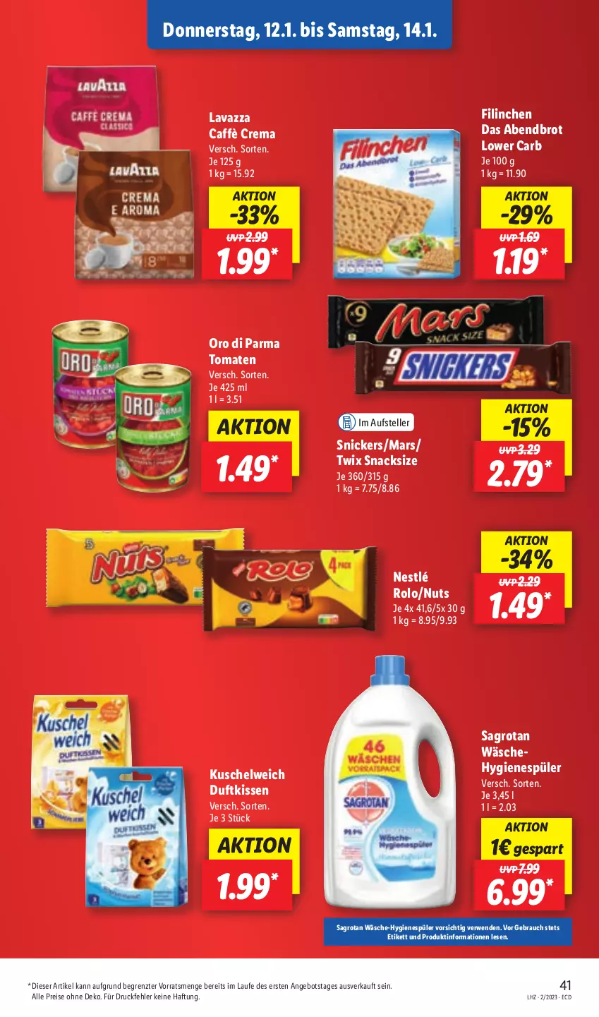 Aktueller Prospekt Lidl - Aktionsprospekt - von 09.01 bis 14.01.2023 - strona 41 - produkty: angebot, brot, caffè crema, Duftkissen, eis, elle, hygienespüler, kissen, Kuschelweich, lavazza, mars, nestlé, oro di parma, Rauch, reis, rwe, sagrotan, snack, snacks, snickers, teller, Ti, tomate, tomaten, twix, ZTE